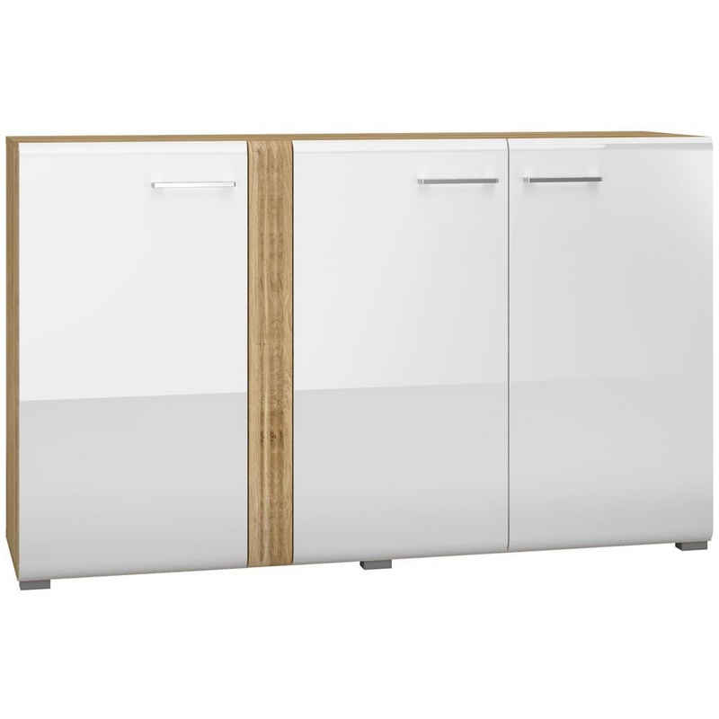 Lomadox Kommode AKRON-131, Sideboard in Eiche Nb. mit weiß Hochglanz, B/H/T: 150/90/42 cm