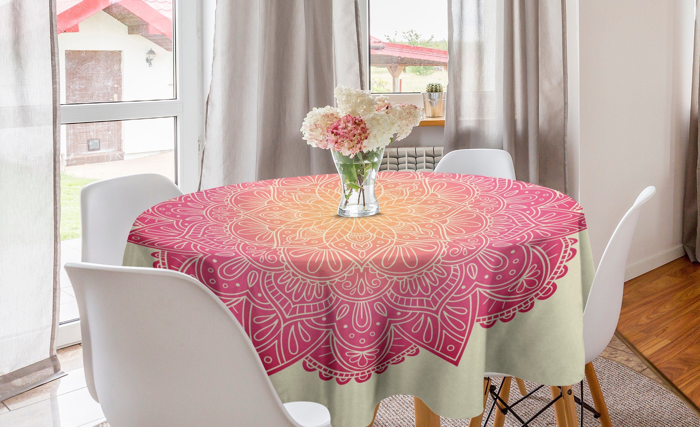 Abakuhaus Tischdecke Kreis Tischdecke Abdeckung für Esszimmer Küche Dekoration, rosa Mandala Tribal heilen