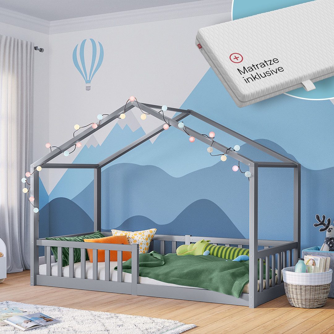 Bellabino Hausbett Kinderbett Bia mit Lattenrost (hellgrau, mit Matratze), Bodenbett mit Rausfallschutz, verfügbar in 80x160 & 90/120/140x200 cm