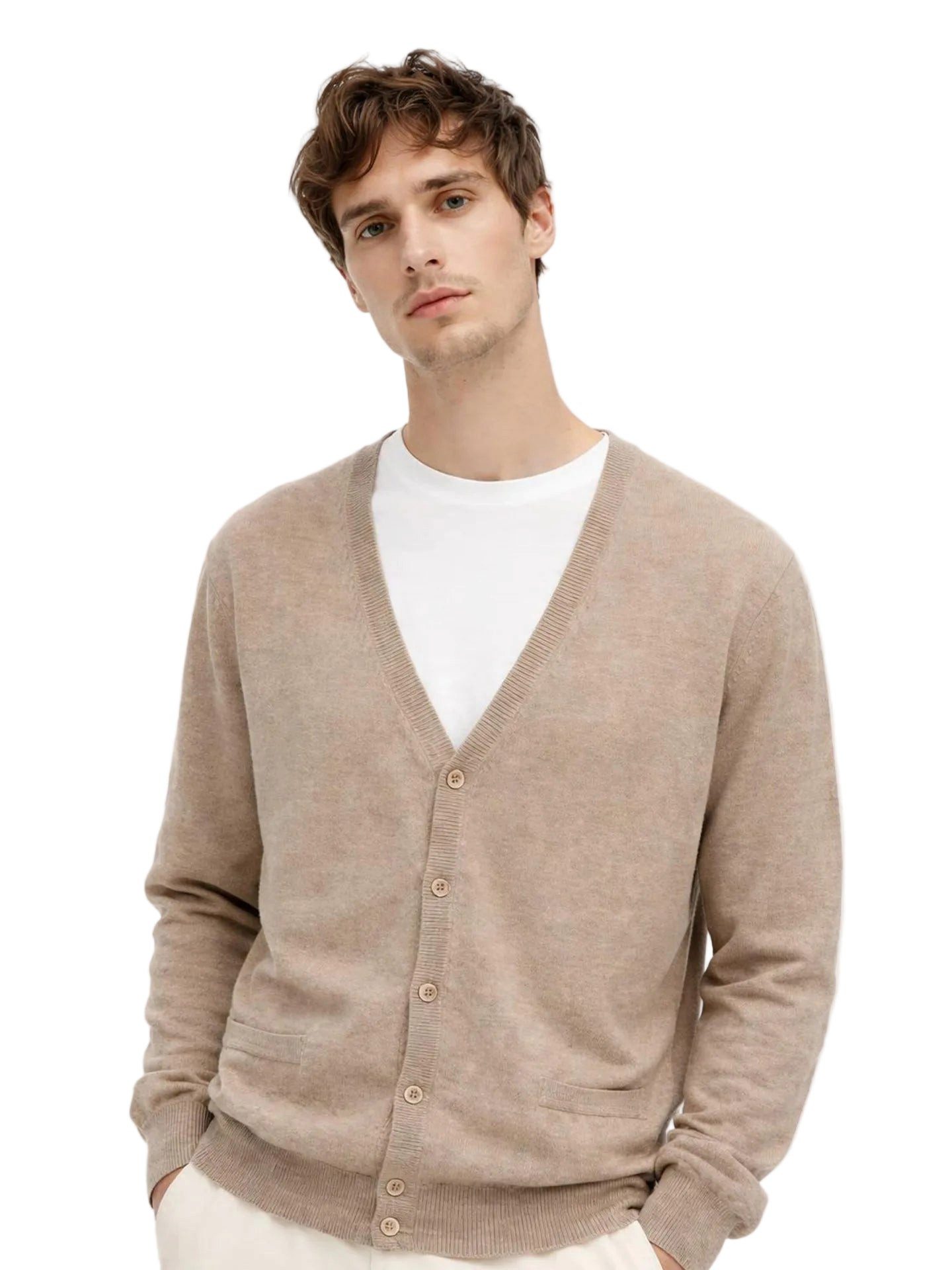 GOBI Cashmere Cardigan Naturfarbe Basic V-Ausschnitt Kaschmirstrickjacke mit Knöpfen