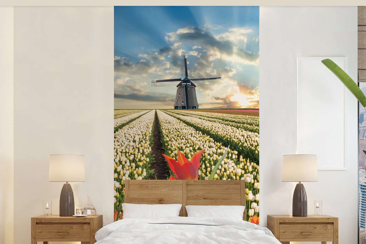 MuchoWow Fototapete Windmühle - Tulpen - Himmel - Natur, Matt, bedruckt, (2 St), Vliestapete für Wohnzimmer Schlafzimmer Küche, Fototapete