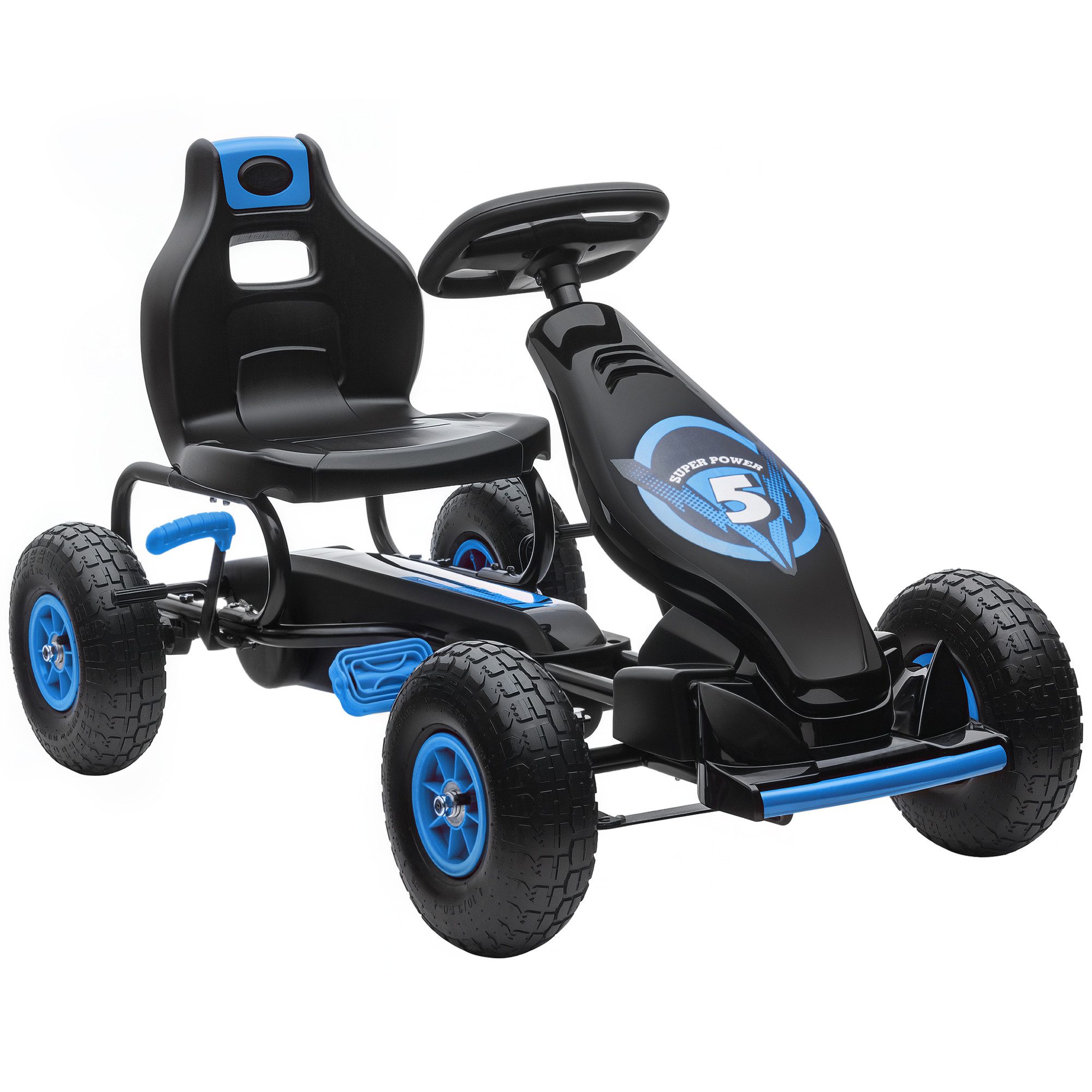 HOMCOM Go-Kart Kinderfahrzeug, Tretfahrzeug mit Pedal und Handbremse, Outdoor, für Garten, Balkon, Blau+Schwarz