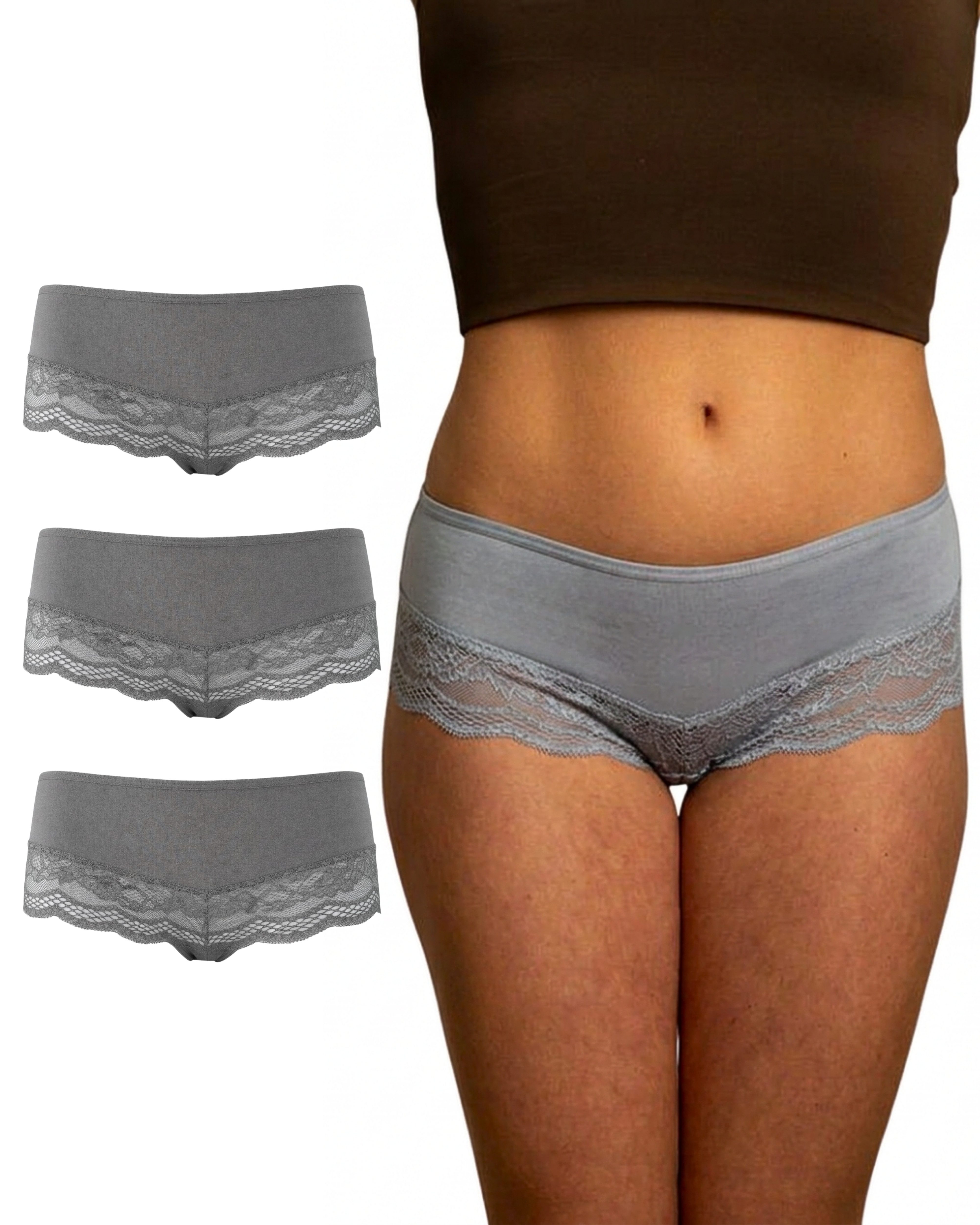 Benonetti Hipster Damen 3er Pack aus Baumwolle mit nahtloser Spitze (3er Set, 3er-Pack) Besondere Spitzen am Beinabschnitt