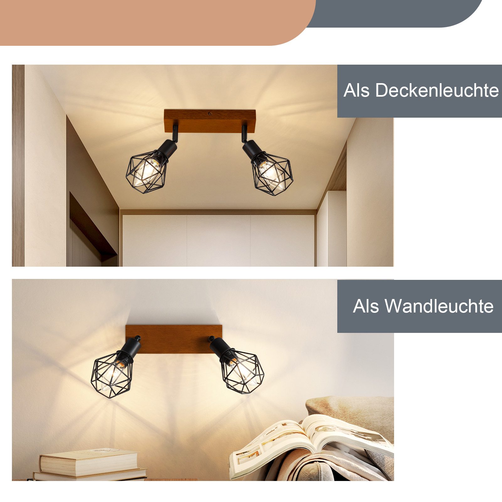 Nettlife Deckenleuchte Holz Deckenlampe E14 Metall Schwenkbar 350°, Schwenkbar 350°, LED wechselbar, für Wohnzimmer Flur Schlafzimmer – Bild 4 von 5