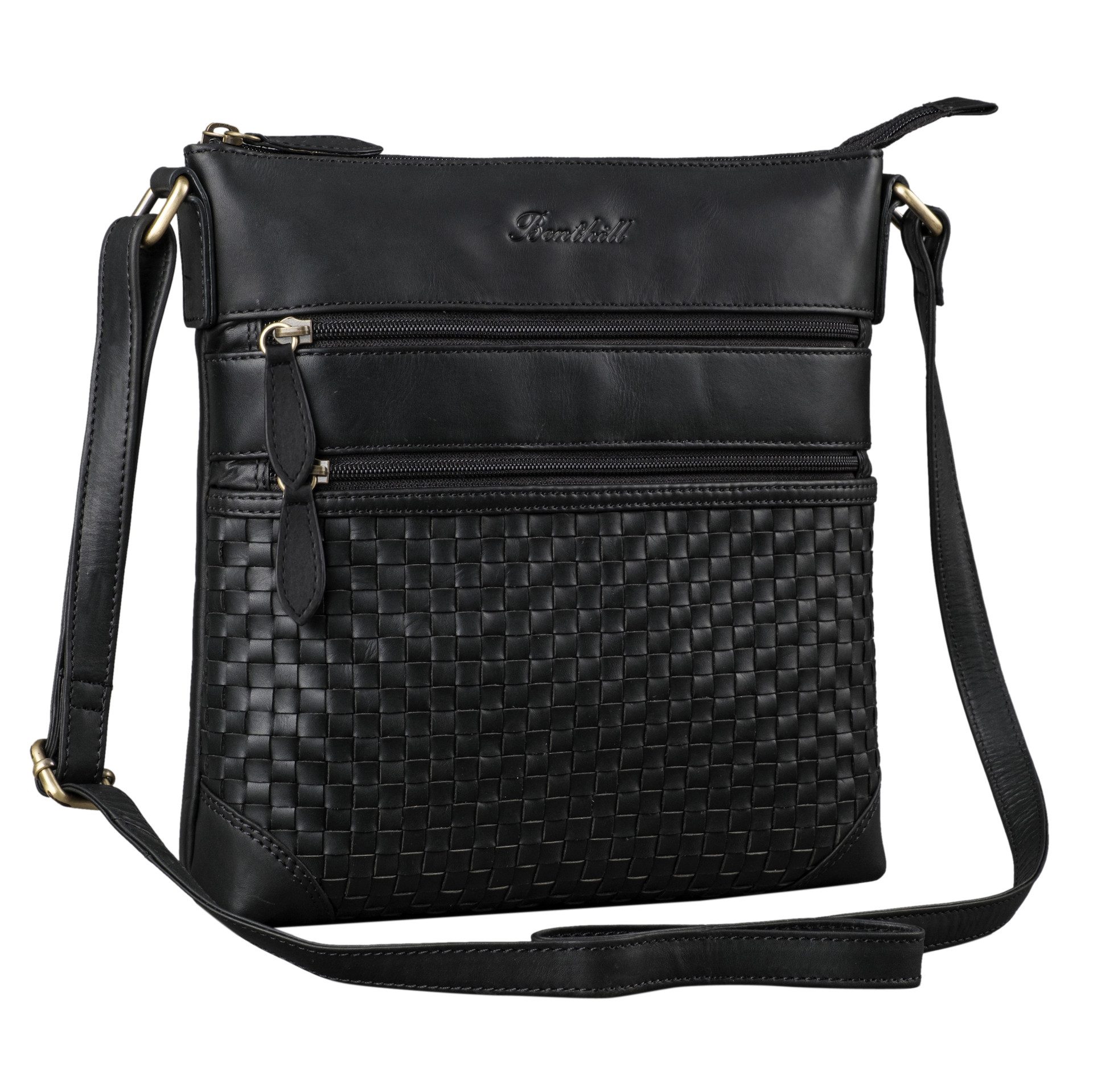 Benthill Umhängetasche Damen Echt Leder Schultertasche Vintage Handtasche geflochtenem Muster, Schultergurt / Umhängegurt Reißverschlussfach