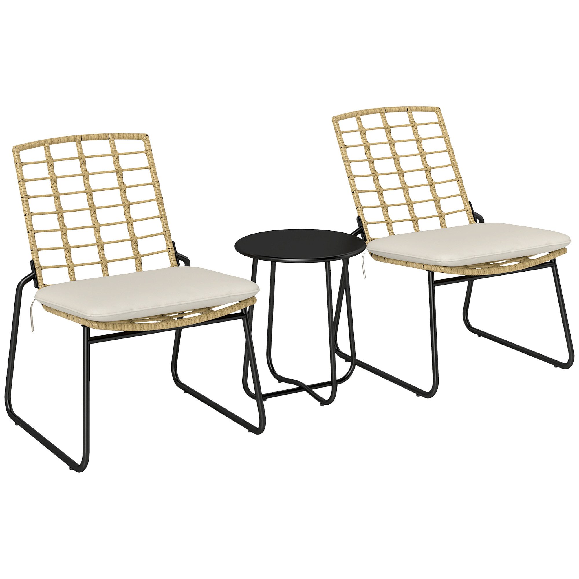 Outsunny Gartenlounge-Set 3-teilig, mit 2 stapelbar Stühle, Tisch, Kissen, wetterfest, (Balkonmöbel Set für 2 Personen, 3-tlg., Rattan Gartenmöbel Set), für Terrasse Balkon, Beige & Braun
