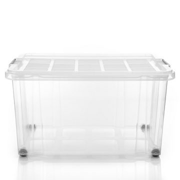 BigDean Aufbewahrungsbox 4x 60 L Aufbewahrungsbox mit Deckel + Rollen transparent Stapelbox