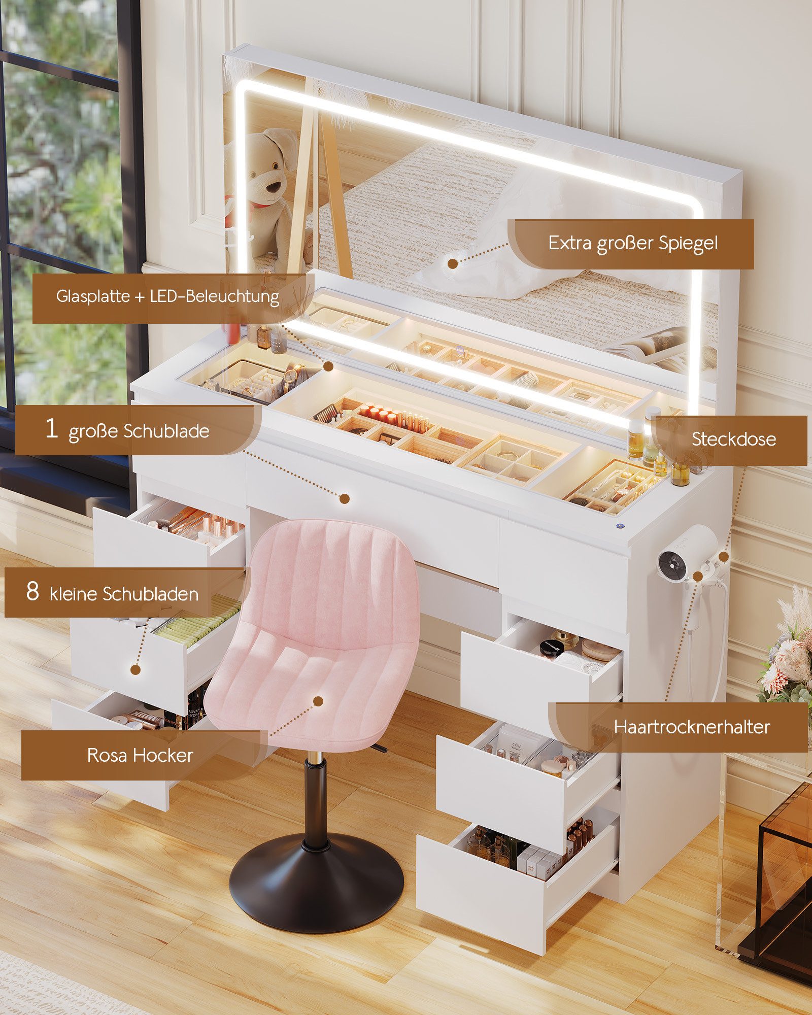 HOMALL Schminktisch Extra großer LED-Schminkspiegel mit Frisiertisch und Stuhl im Set (Kinderschminktisch 115 × 40 × 139 cm, 7 Schubladen, mit integrierter Stec – Bild 4 von 5