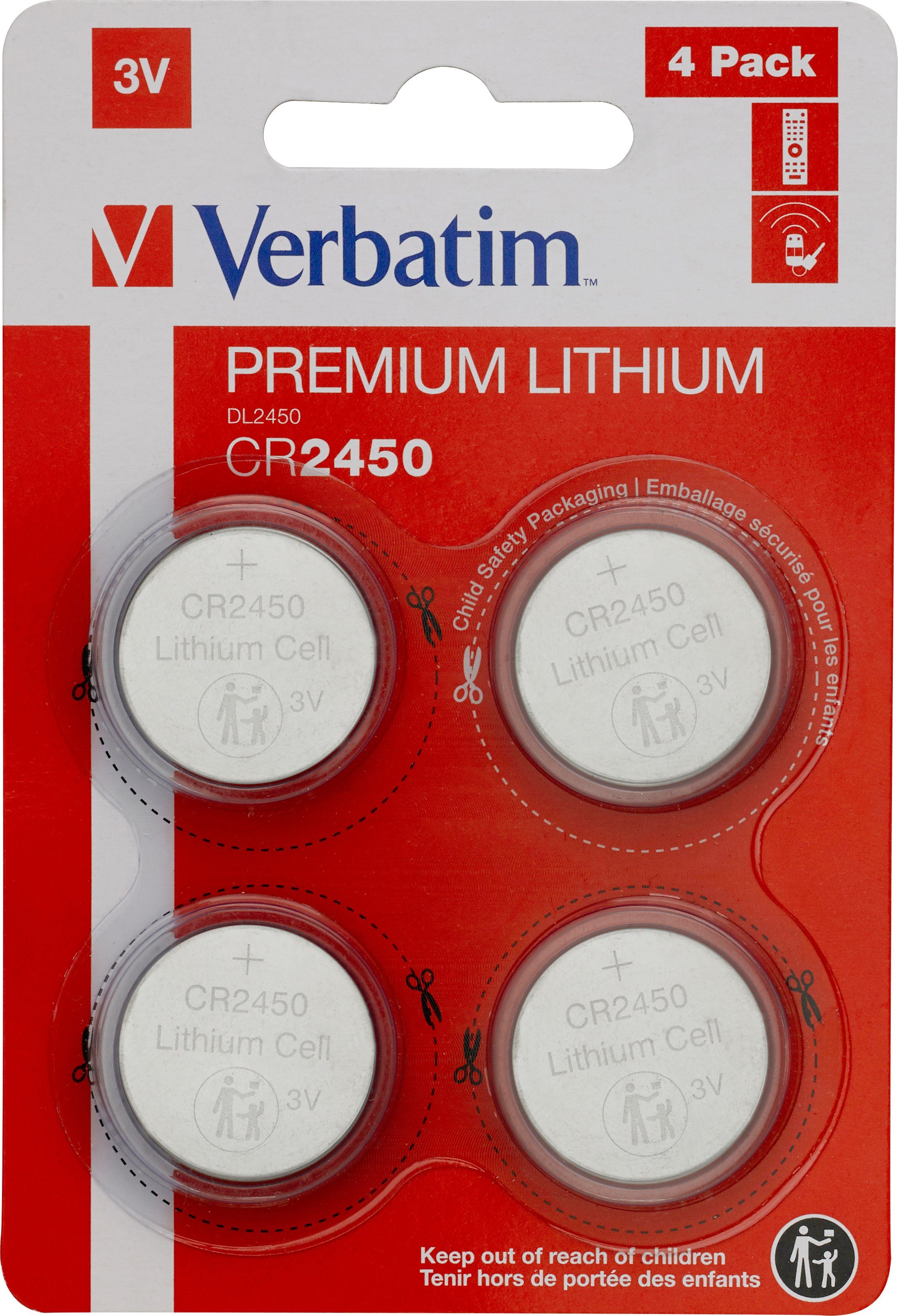 Verbatim Verbatim Batterie Lithium, Knopfzelle, CR2450, 3V Retail Blister (4-P Knopfzelle