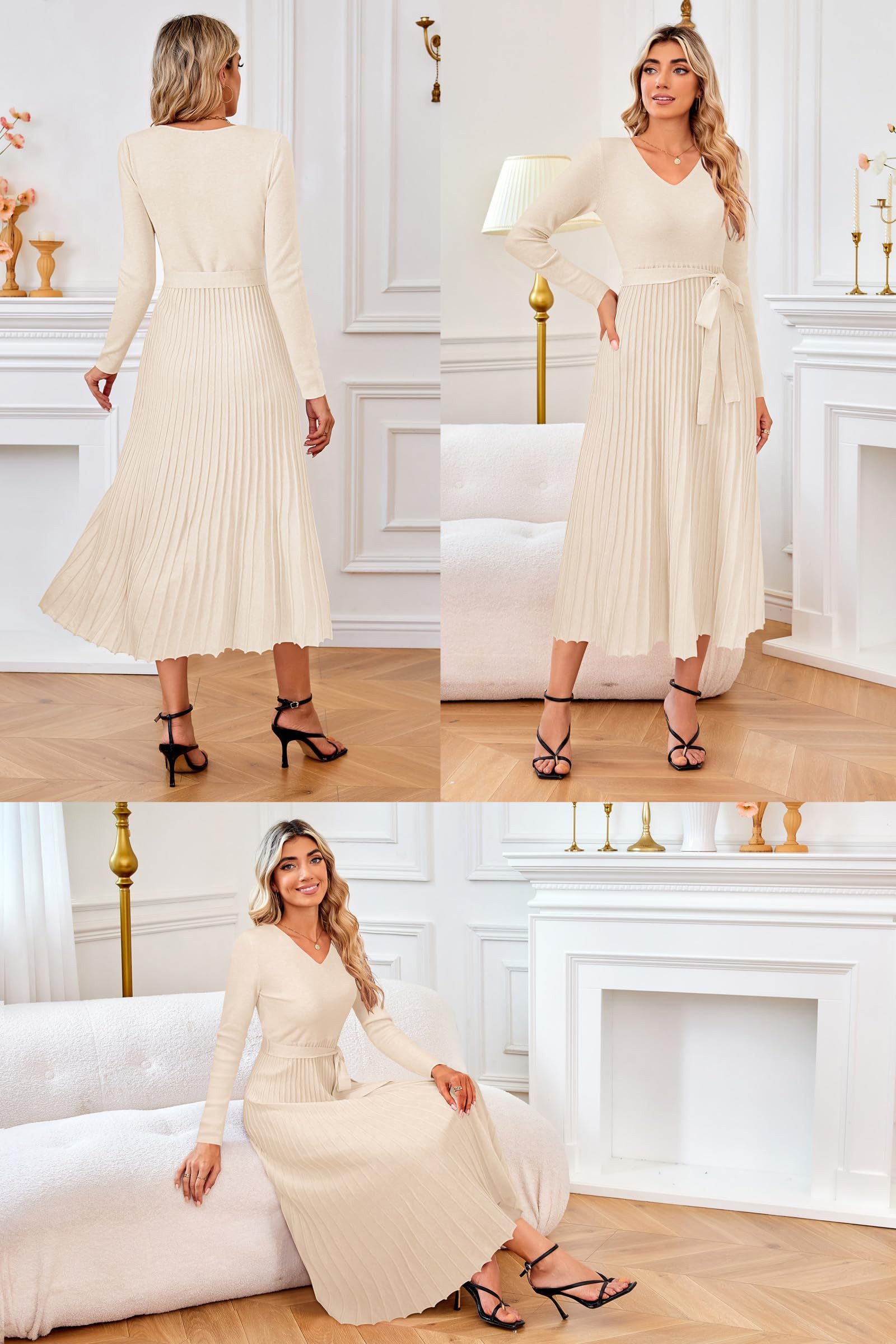 Arach&Cloz Strickkleid Damen Pulloverkleid Herbst Winterkleid Lang Plissee V-Ausschnitt Langarm Elegant Midi Kleider Winter
