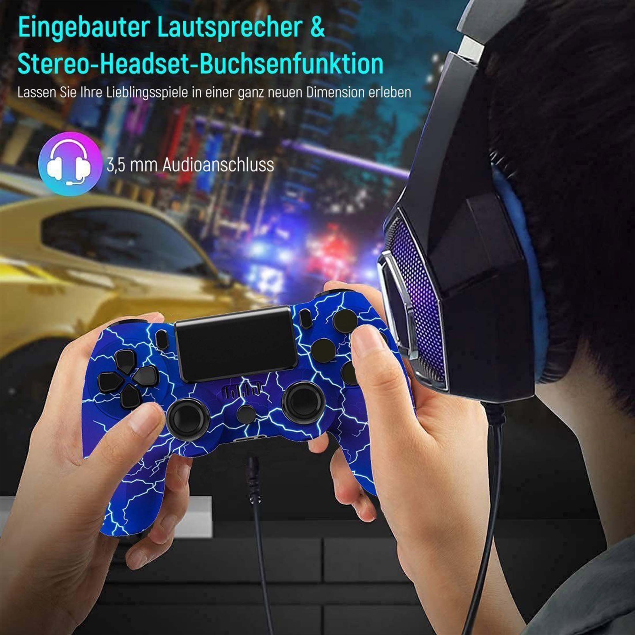 KINSI Wireless Gamepad, Controller, Bluetooth, für PS4 PlayStation 4-Controller (Doppelte Vibration, wiederaufladbare Batterie)