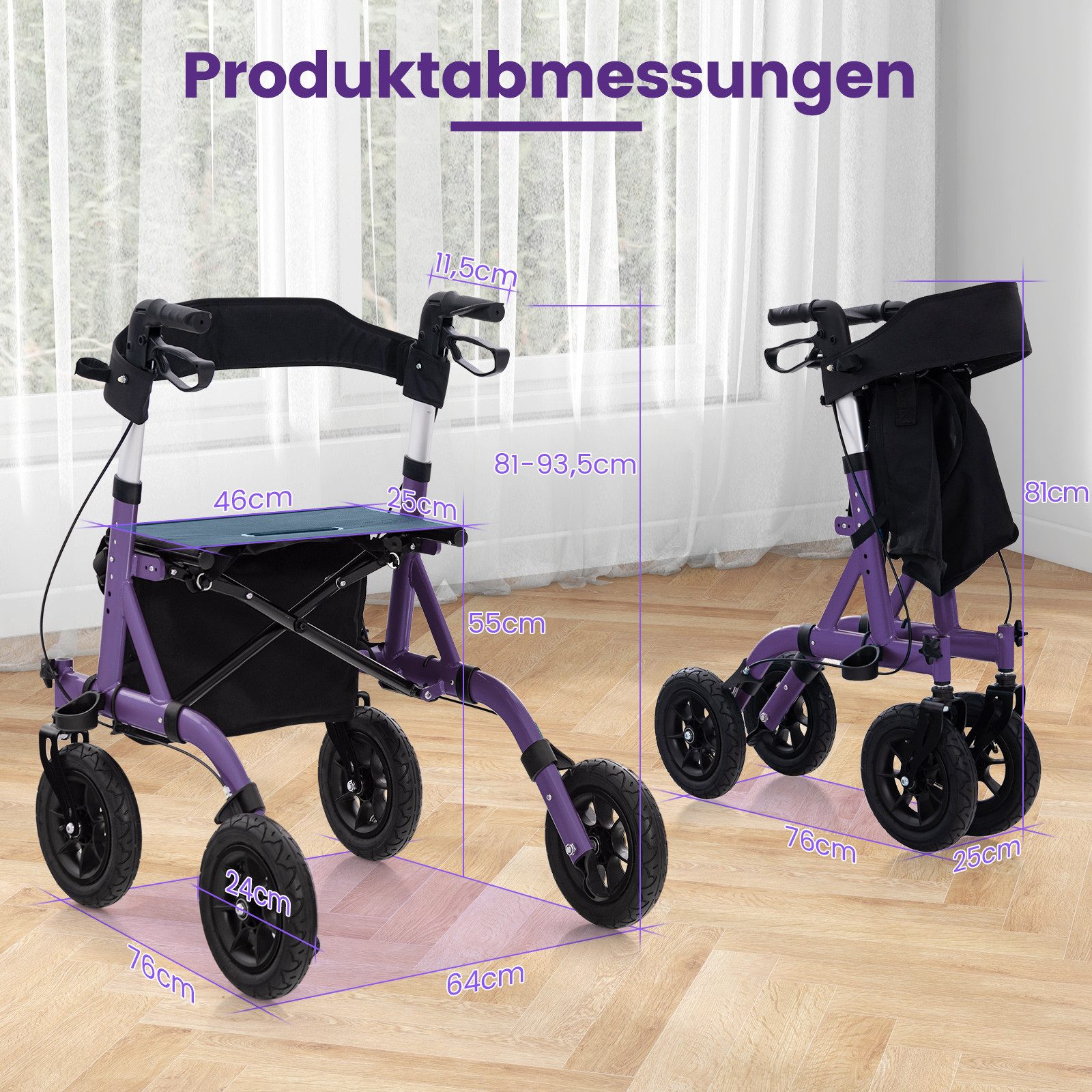 COSTWAY Rollator, 6-fach verstellbar Griff mit Handbremse bis 136kg faltbar