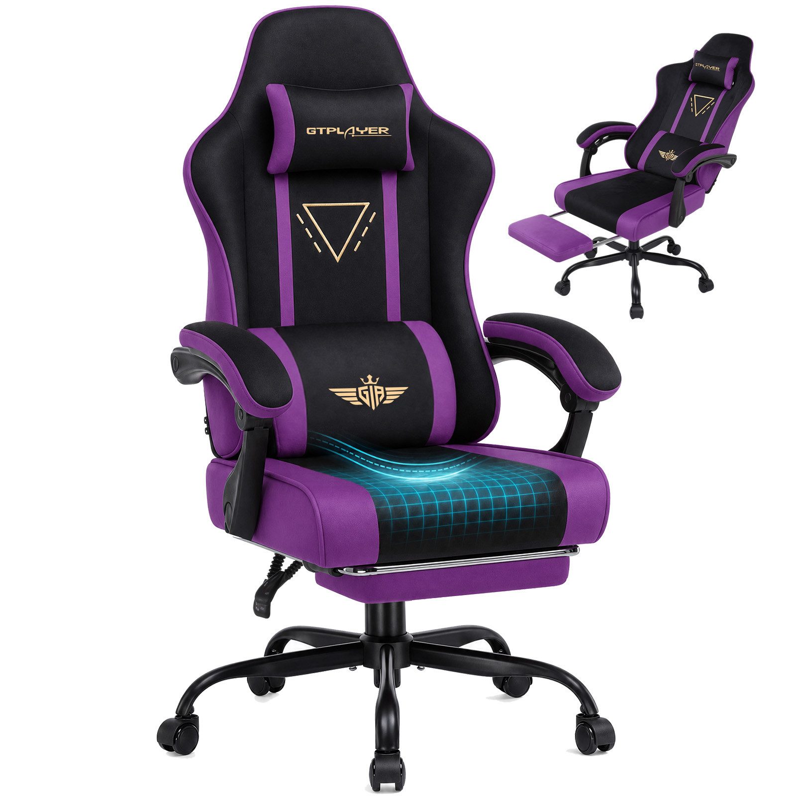 GTPLAYER Gaming-Stuhl Ergonomischer Gaming Sessel Schreibtischstuhl mit Federsitzkissen, Stoffoberfläche, Verbindungsarmlehnen und Fußstütze 150KG