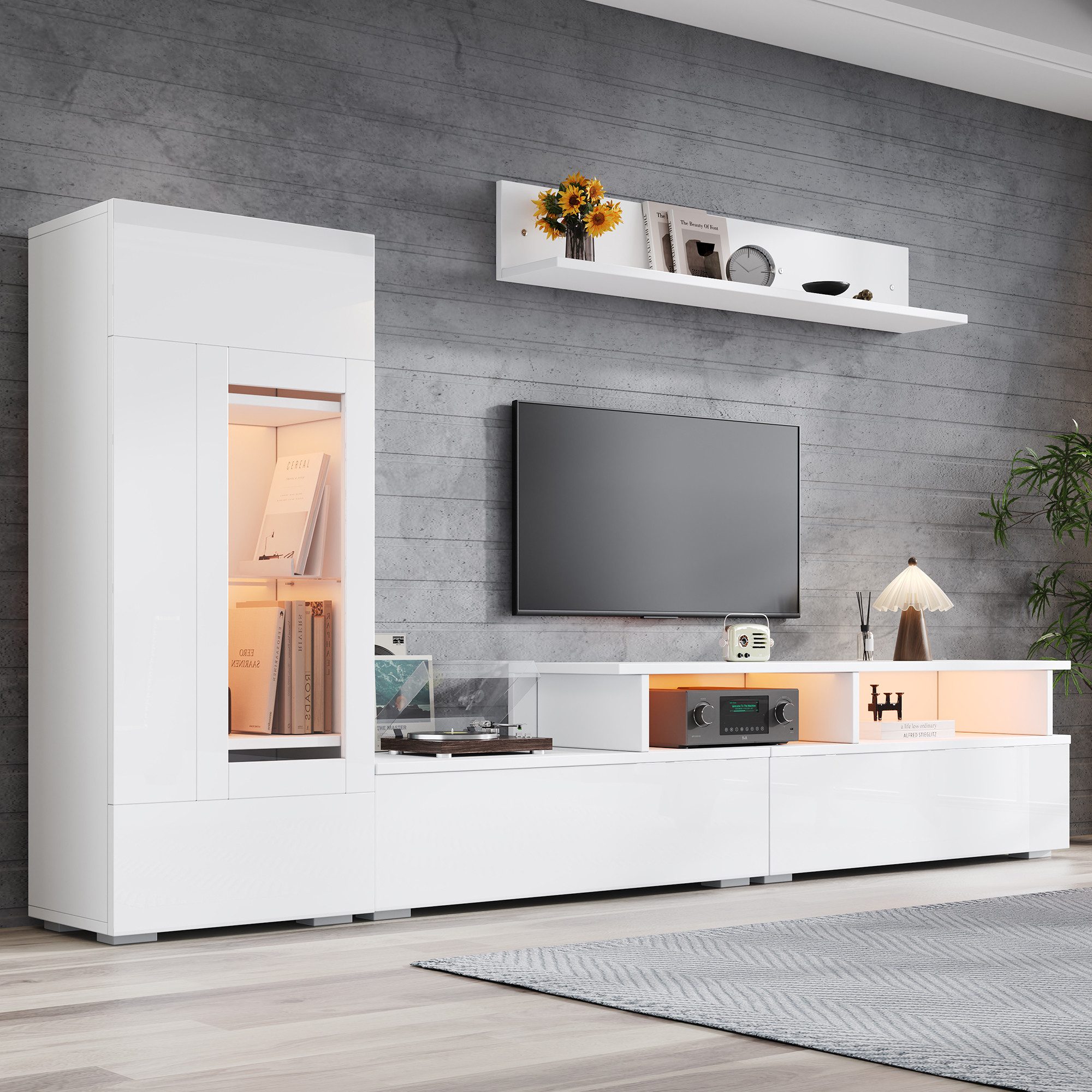 KLAM HOME Wohnwand 3-Teilige Wohnwand Set Mit LED Beleuchtung Und Hochglanz Front, (TV Schrank Vitrine Und Hängeregal Weiß Für TV Bis 75 Zoll), Modernes Wohnzim – Bild 4 von 5