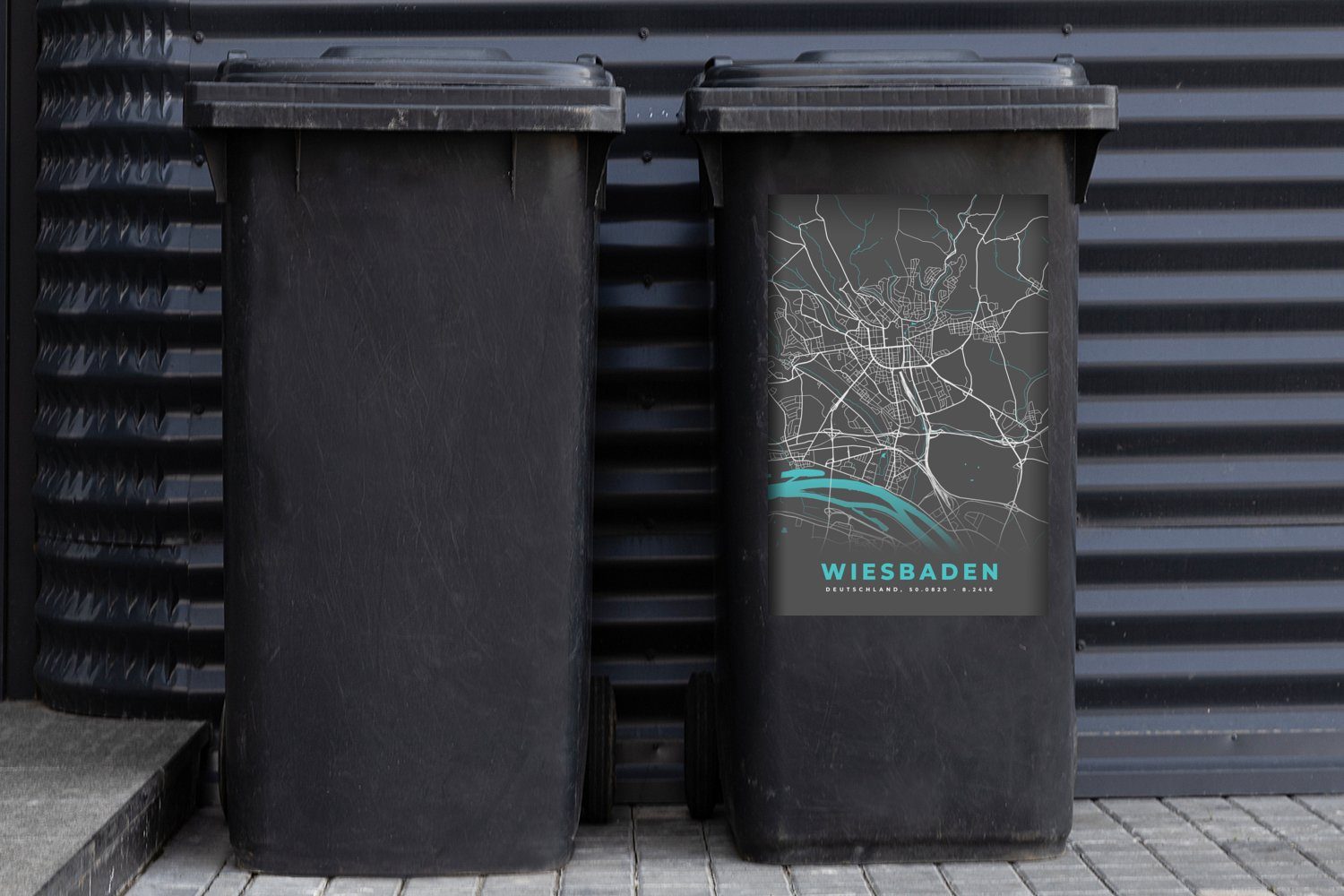 St), Wandsticker - Stadtplan Mülltonne, Deutschland Abfalbehälter (1 Blau Mülleimer-aufkleber, - MuchoWow Container, - Sticker, - Karte Wiesbaden
