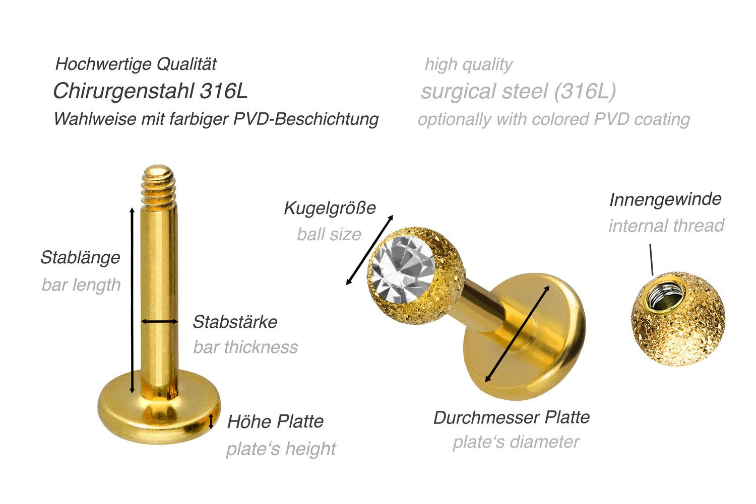 PIERCINGLINE Piercing-Set Chirurgenstahl Labret DIAMANTOPTIK + KRISTALL (Labrets, 1-tlg)