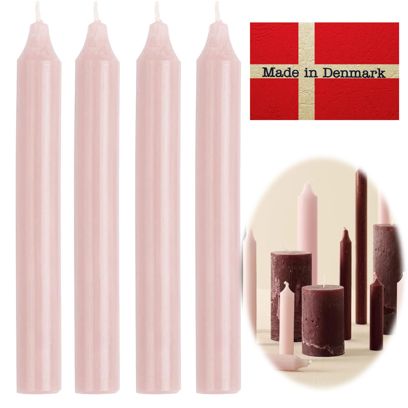 LS-LebenStil Tafelkerze Exklusive Stabkerzen Ribe Rustik 4´er Set Hellrosa 18x2,2cm (Made in Denmark - iB Laursen Denmark - Unparfümiert Spitzkerzen Tafelkerzen, 4-tlg., für Tischdeko Hochzeit Taufe Advent Weihnachten)