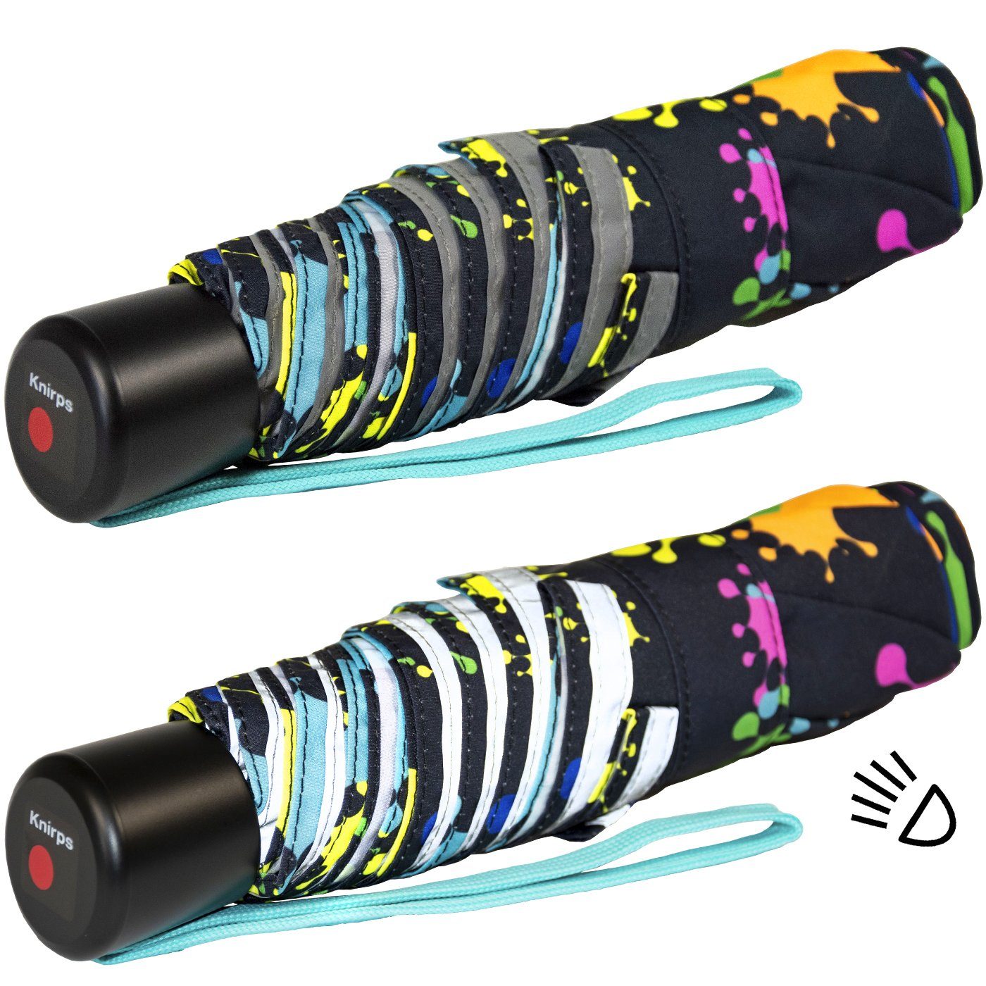 Knirps® Taschenregenschirm Kinderschirm 4Kids reflective mit Reflexborte, Sicherheit auf dem Schulweg, bunte Paintdrops – Bild 2 von 5