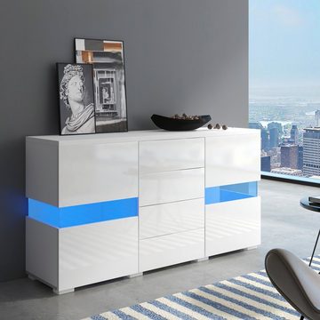 HAUSS SPLOE Sideboard TV-Schrank Kommode Schubladenkommode LED Sideboard Highboard (mit 16 Farben LED-Leuchten Weiß 140*35*72 cm)