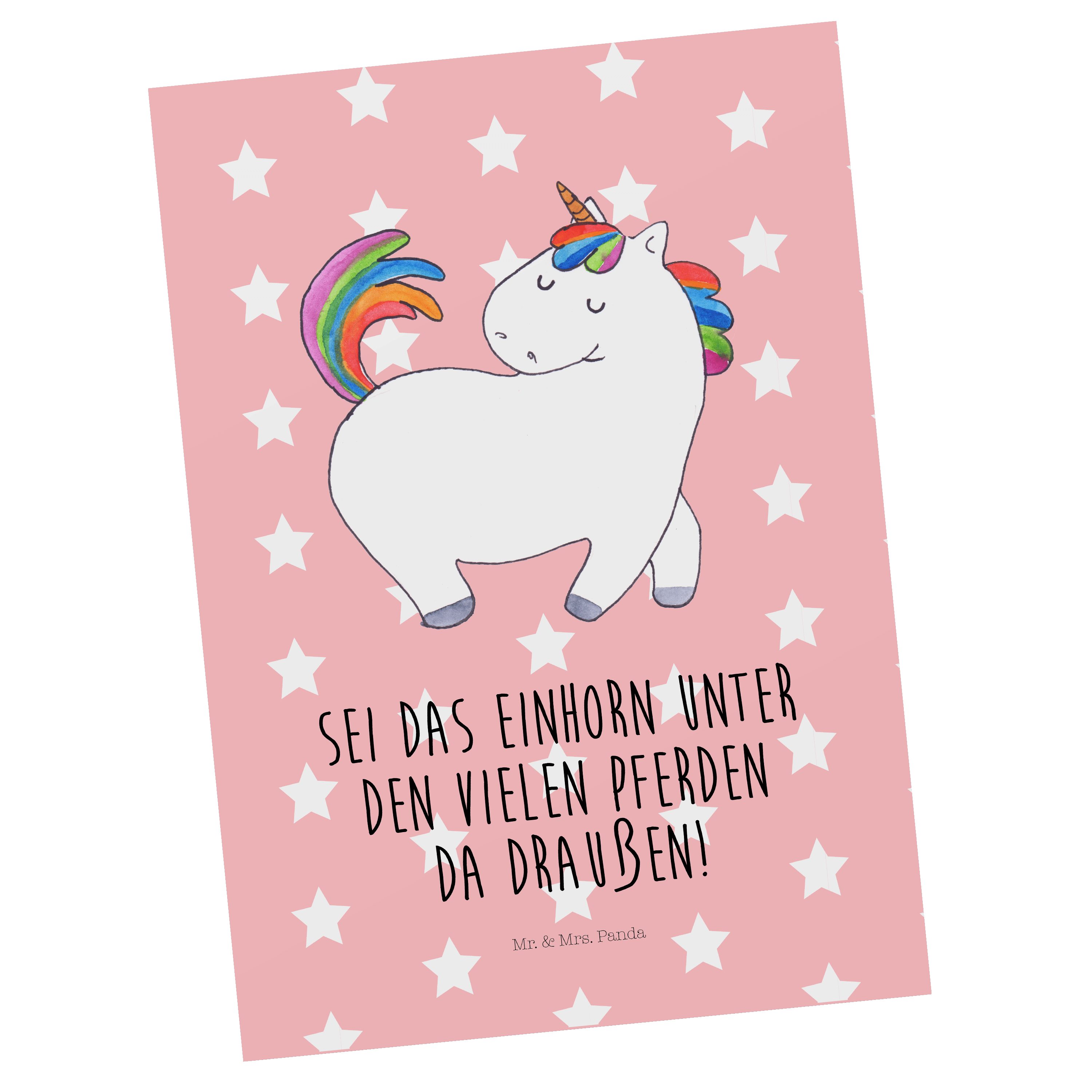 Mr. & Mrs. Panda Postkarte Einhorn stolzierend - Rot Pastell - Geschenk, Ansichtskarte, Geschenk