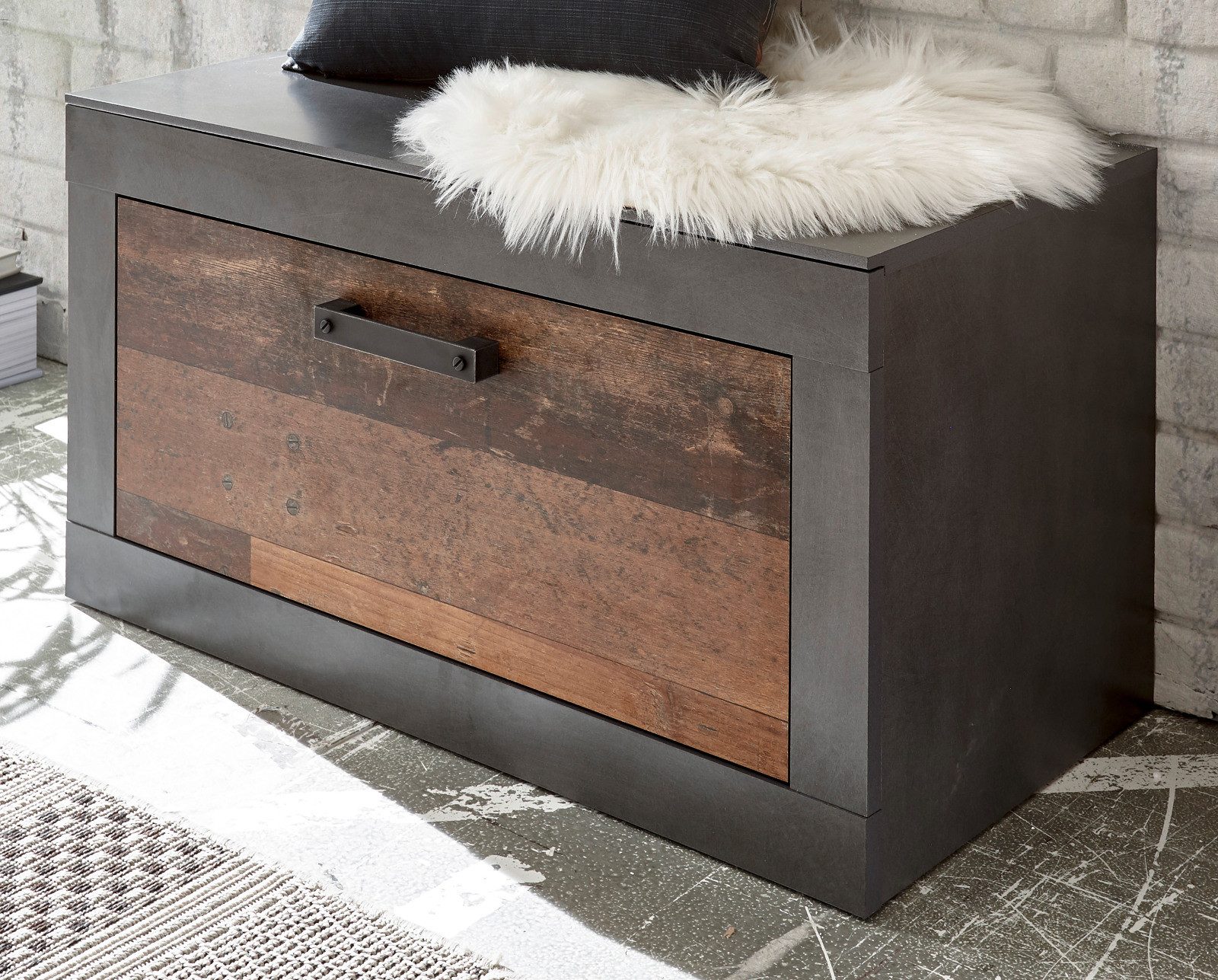 Furn.Design Schuhbank Ward (Garderobenbank in Used Wood mit grau, 80 x 44 cm), Shabby-Design