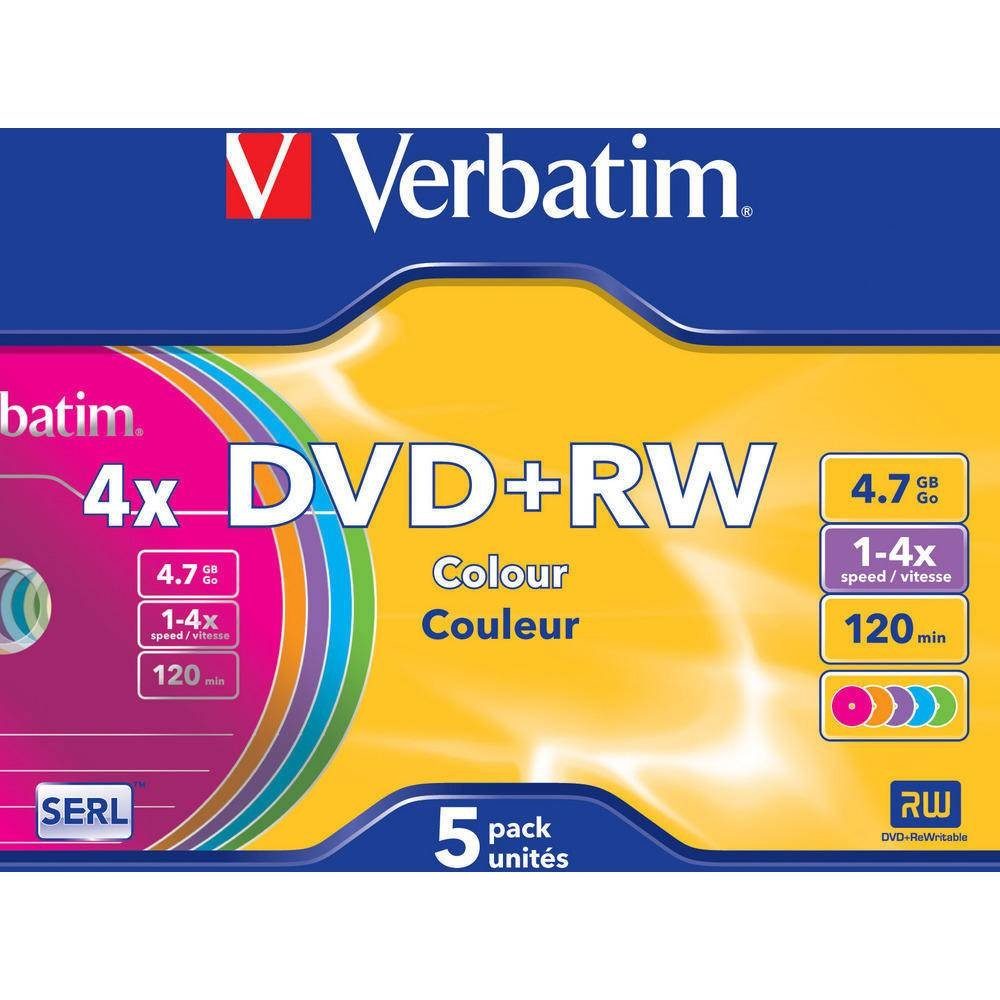 Verbatim DVD-Rohling DVD+RW 4.7GB 4x 5er Color Slimcase 43297, Farbig