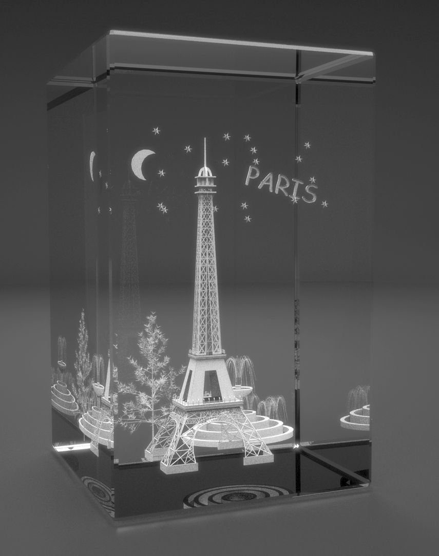 Dekofigur 3D Glasquader Motiv: Eiffelturm von Paris (Motiv 2), Hochwertige Geschenkbox, Made in Germany, Familienbetrieb