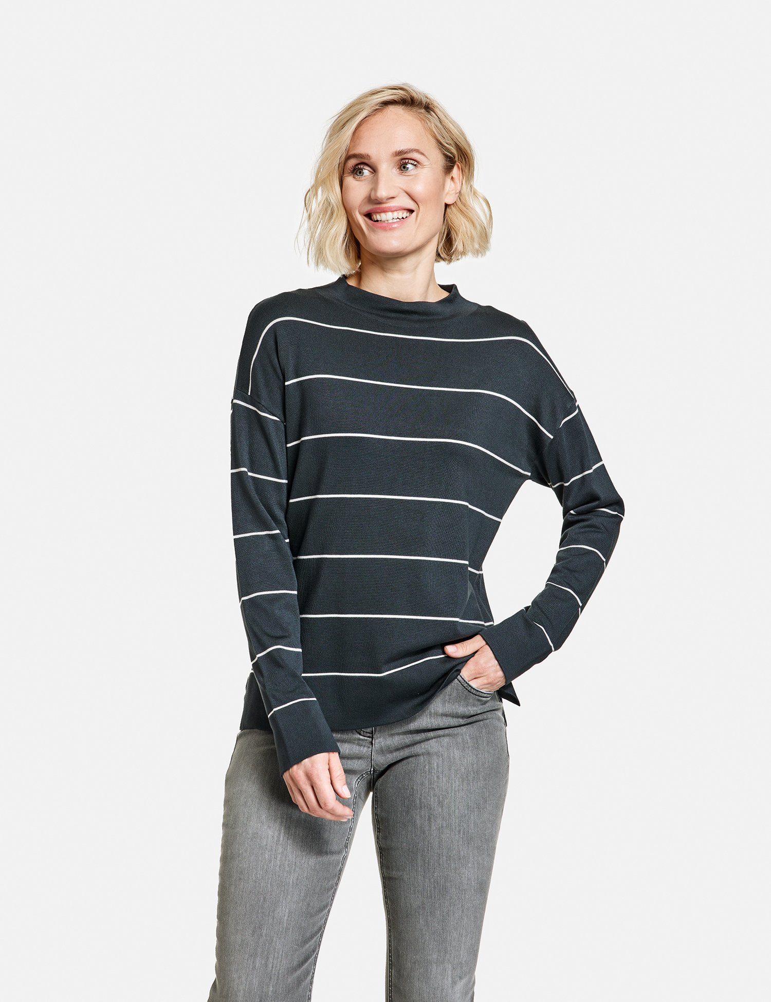 GERRY WEBER Rundhalspullover Ringel-Pullover mit Turtleneck Blau/Ecru/Weiss Ringel