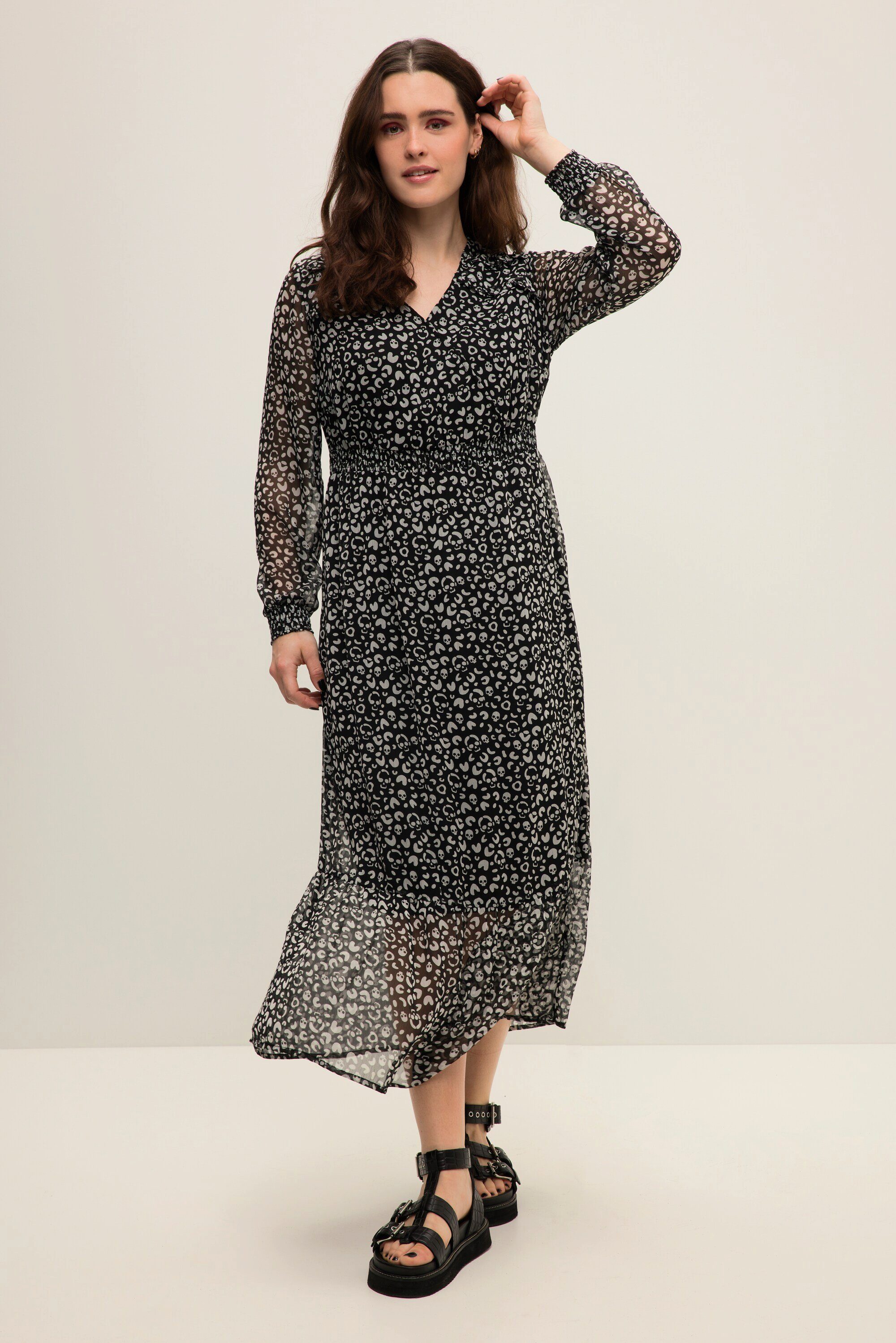 Maxikleid Maxikleid A-Line Totenkopf Print V-Ausschnitt