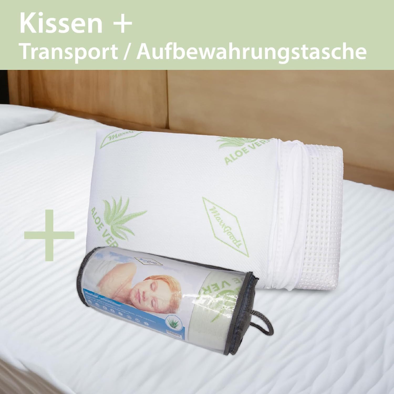 MaxxGoods Gelschaumkopfkissen Orthopödisches Nackenstützkissen 70cm x 42cm mit 1 AloeVera Bezug