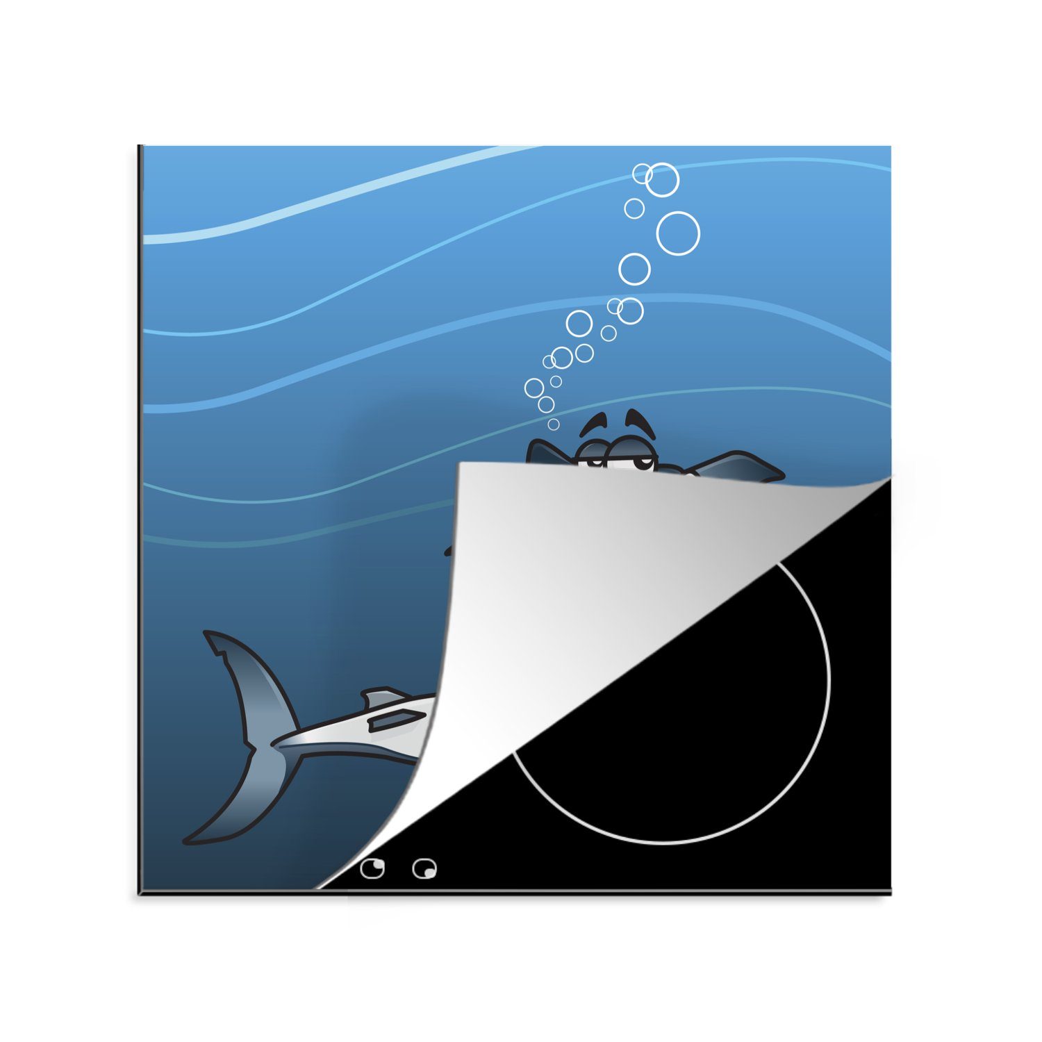 MuchoWow Herdblende-/Abdeckplatte Eine Illustration eines lachenden weißen Hais im Meer, Vinyl, (1 tlg), 78x78 cm, Ceranfeldabdeckung, Arbeitsplatte für küche