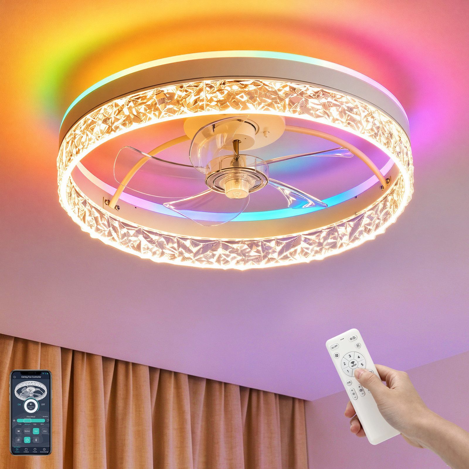 oyajia Deckenventilator 68W Leise Deckenventilator,Kristall Deckenleuchte RGB Farbwechsel 50cm, APP Dimmbar 6 Geschwindigkeiten, Mit Fernbedienung für Schlafzimmer