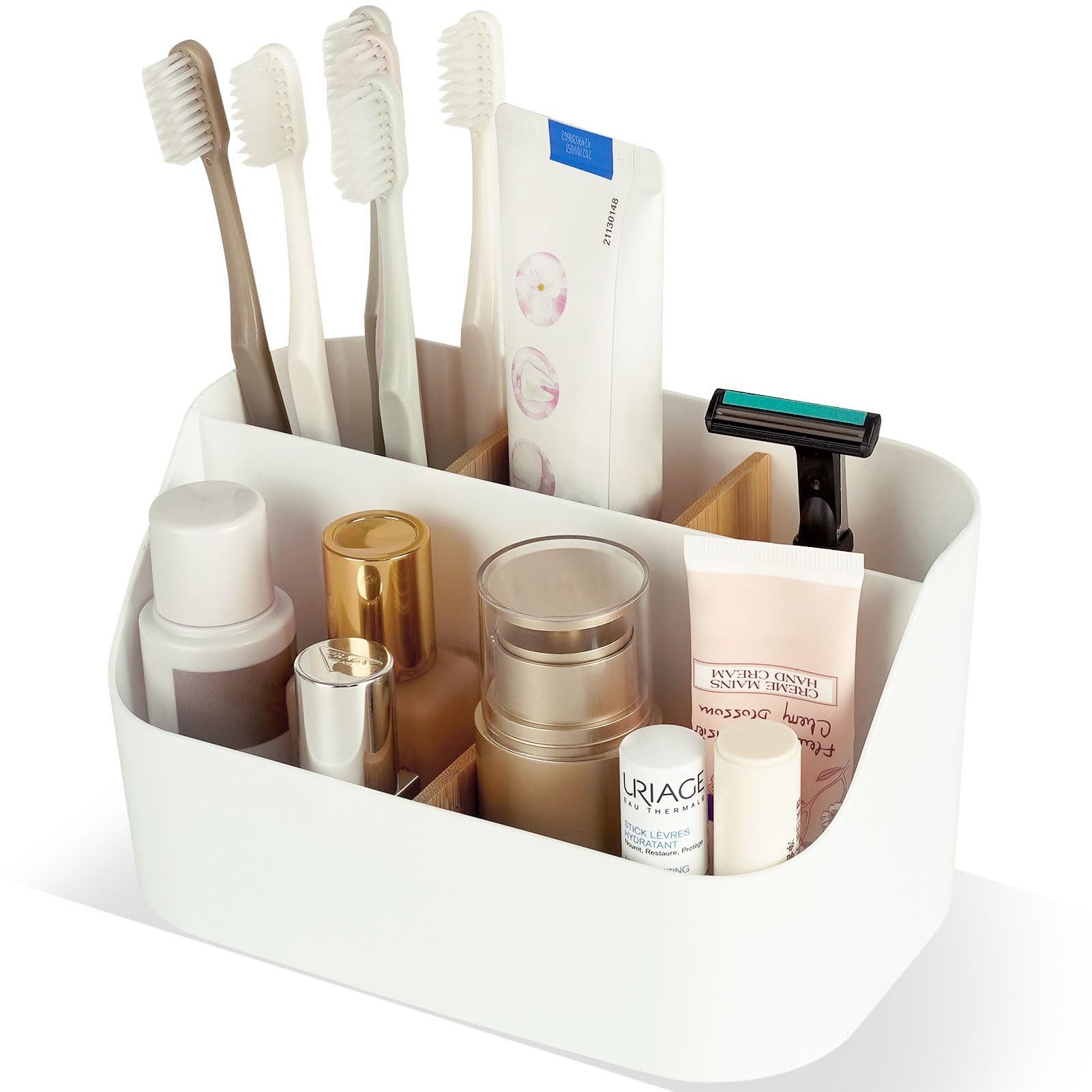 Coonoor Zahnbürstenhalter Zahnbürstenhalter mit Abnehmbarer Bambus Trennwänden, (Toothbrush Holder mit 5 Fächer Aufbewahrung Badezimmer), Geeignet für Büro Wohnzimmer Kosmetikaufbewahrung