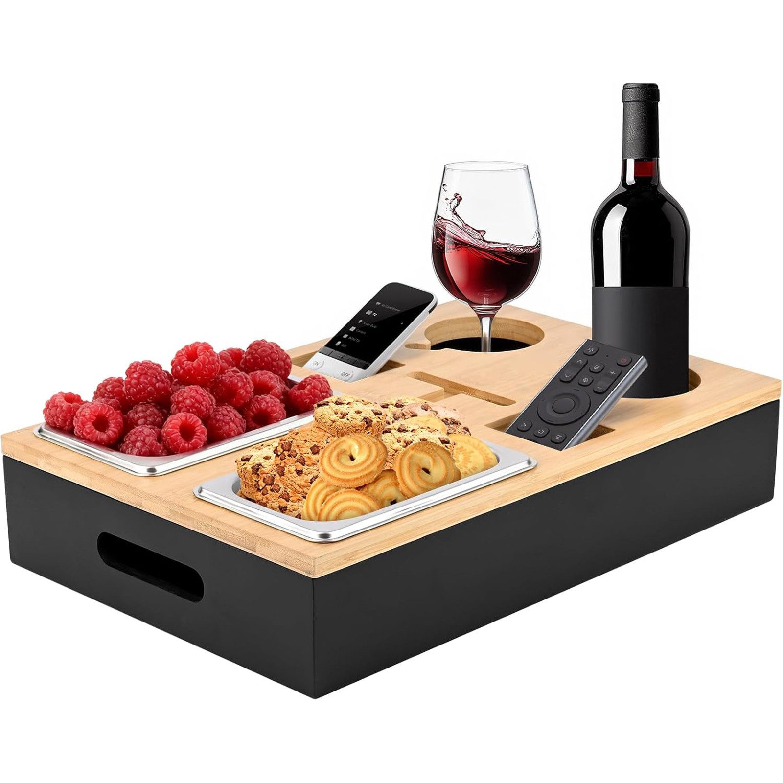 AIMAX Tabletttisch Couchbar Snackbox, Sofatablett für Snacks, Getränke & Fernbedienung, Mit 2 Snackschalen & 2 Getränkehaltern, Abnehmbarer Deckel für Sofa