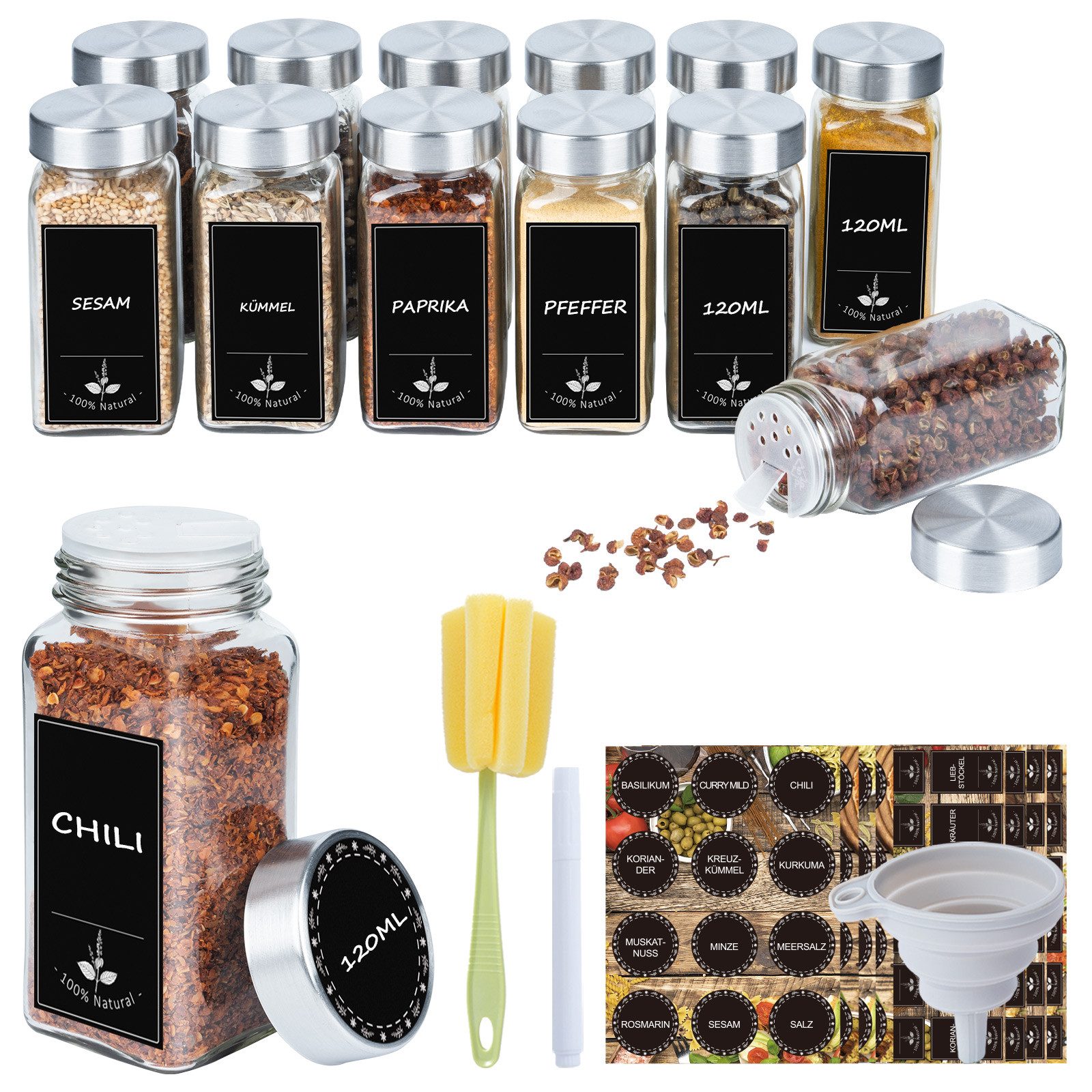 FIVMEN Gewürzstreuer Gewürzgläser Eckig Set mit Deckel Gewürz Organizer Gewürzbehälter, (24-tlg), mit Trichter, Leeren Aufklebern, Reinigungsbürste, Sieben, 120ml