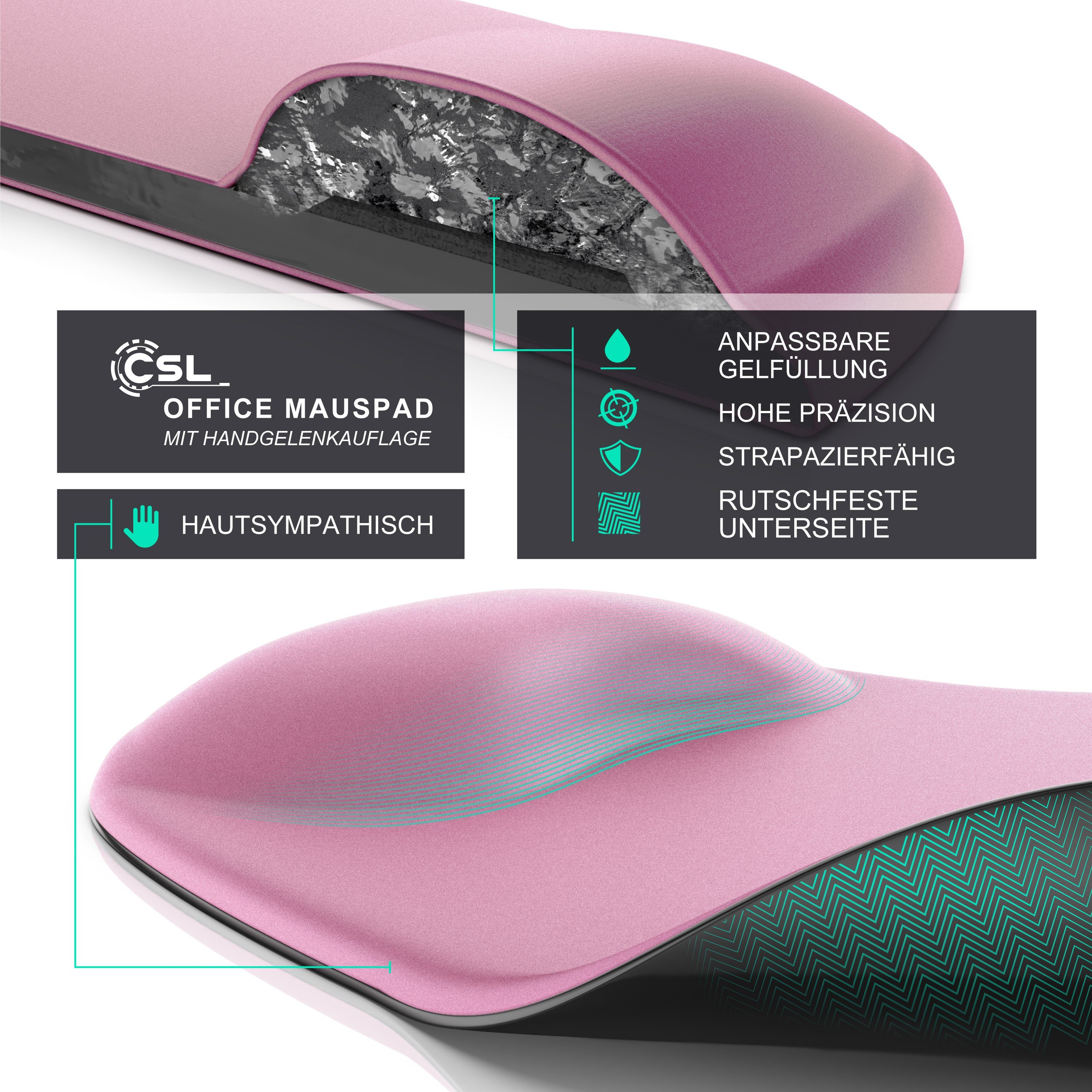 CSL Mauspad Office Gel Mousepad mit ergonomischer Handgelenkauflage, Office Gel Mousepad mit ergonomischer Handgelenkauflage,dunkelrosa