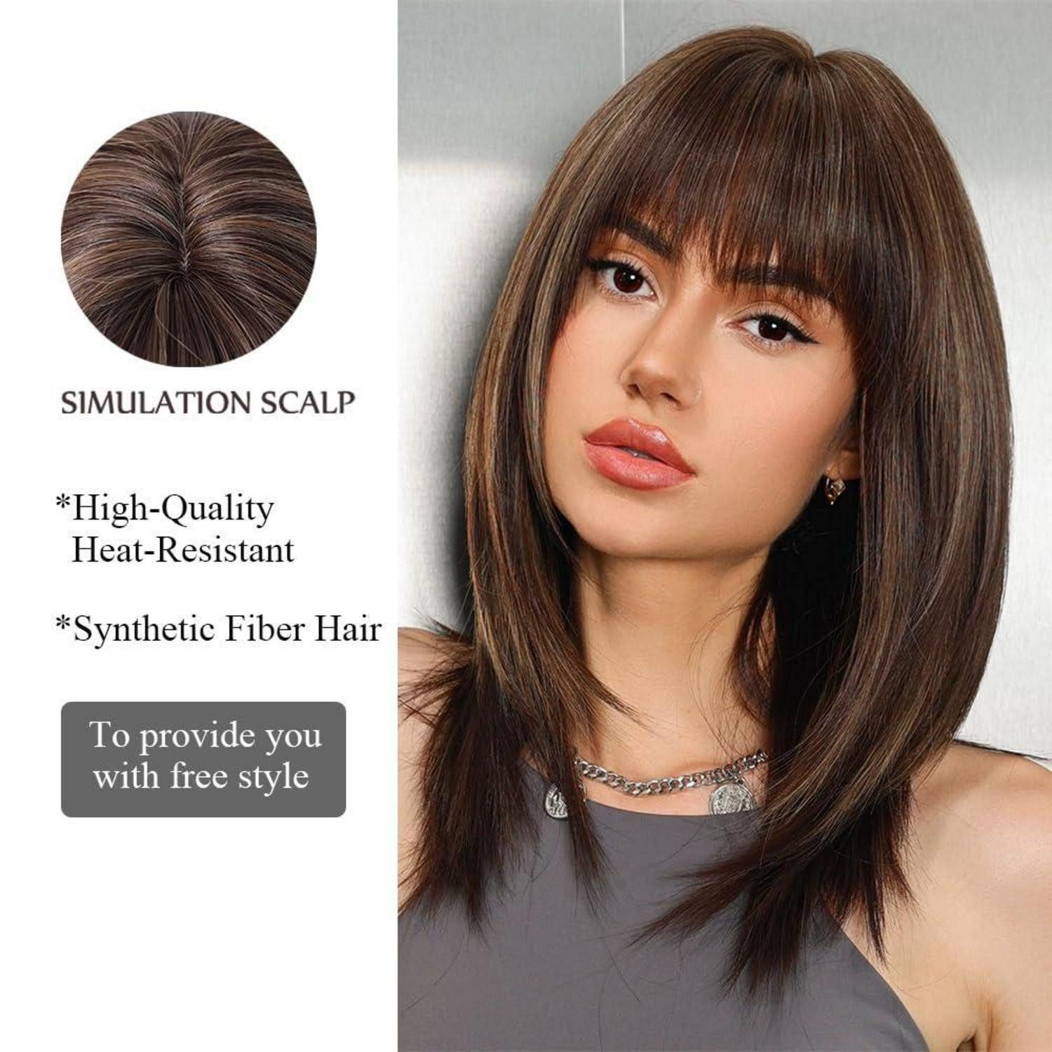 LuxusKollektion Kunsthaarperücke Gemischt Braun Frauen Lange Perücke Mittellang Gerade mit Pony