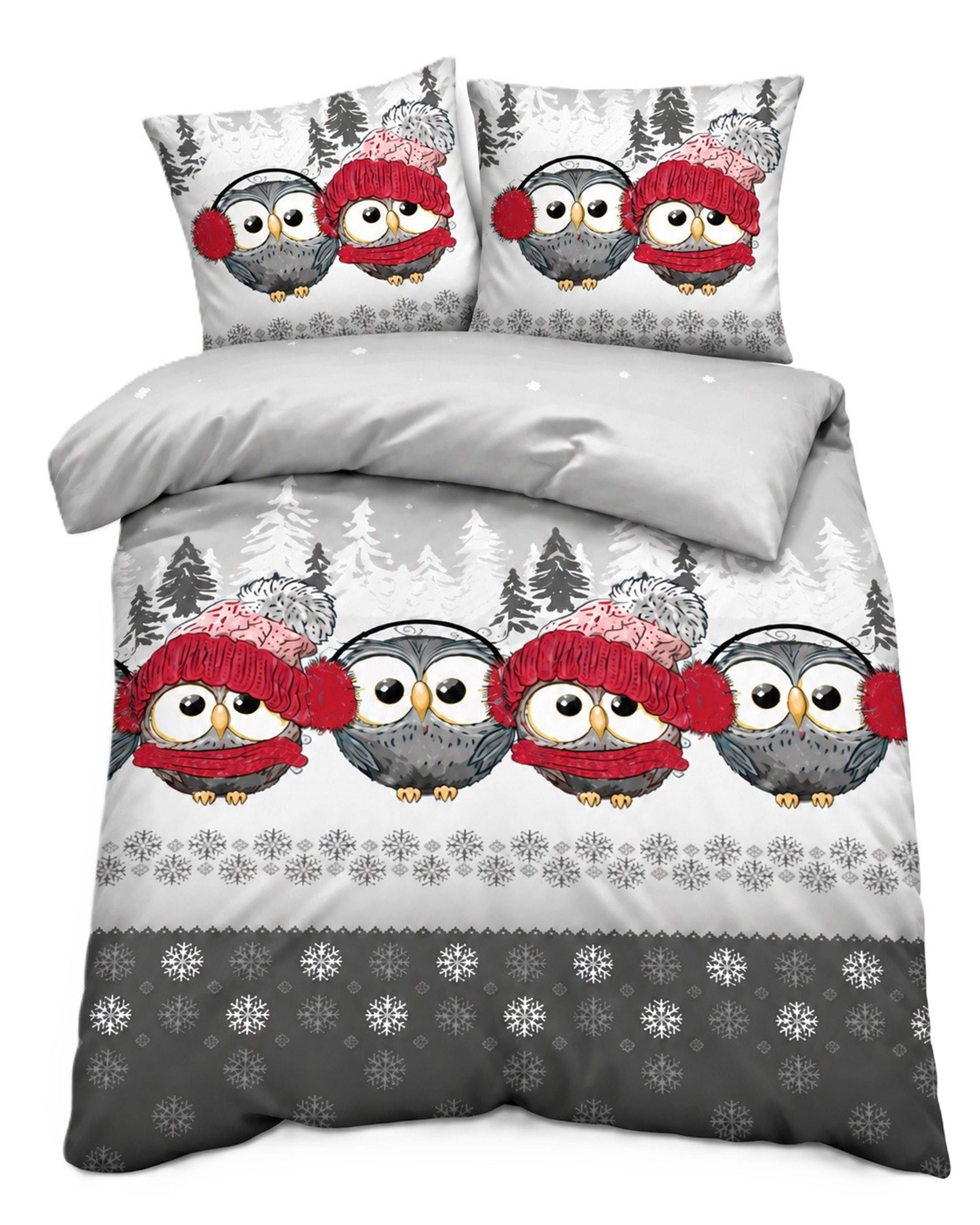 One Home Bettwäsche Süße Eulen im Wintermotiv, Flanell, 3 teilig, Schneeflocken Weihnachtlich, Baumwolle Biber kuschelig warme weiche