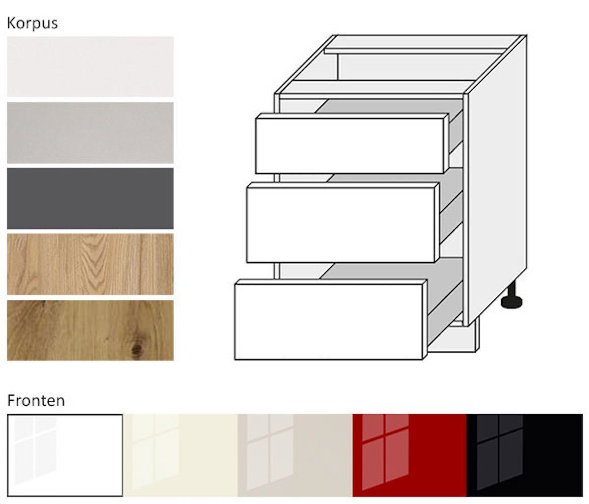 Feldmann-Wohnen Unterschrank Platinium (Platinium) 60cm Front- & Korpusfarbe wählbar mit 3 Schubladen (Teilauszug) schwarz Hochglanz