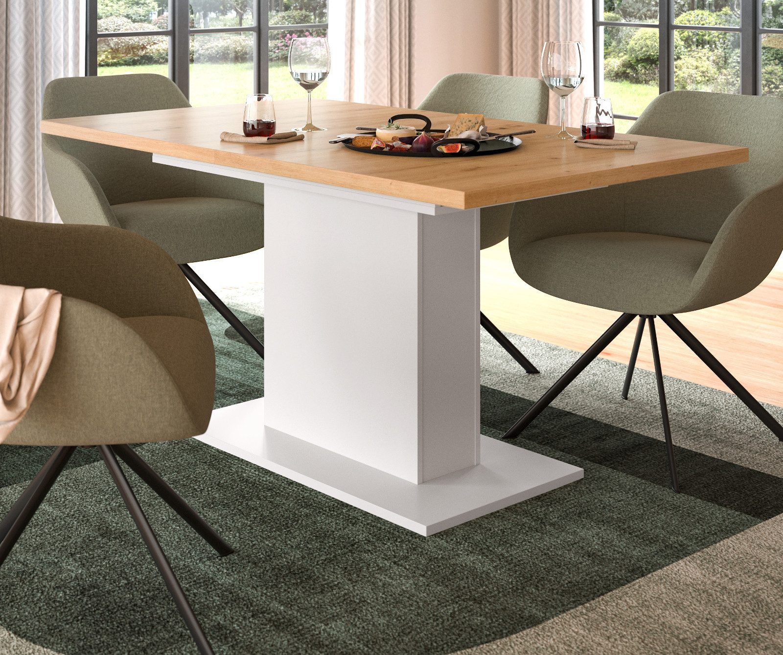 Inn.Furn Säulen-Esstisch Home-X (Küchentisch in weiß und Eiche Artisan, ausziehbar 150 - 190 cm), Melaminbeschichtet, bis zu 8 Personen