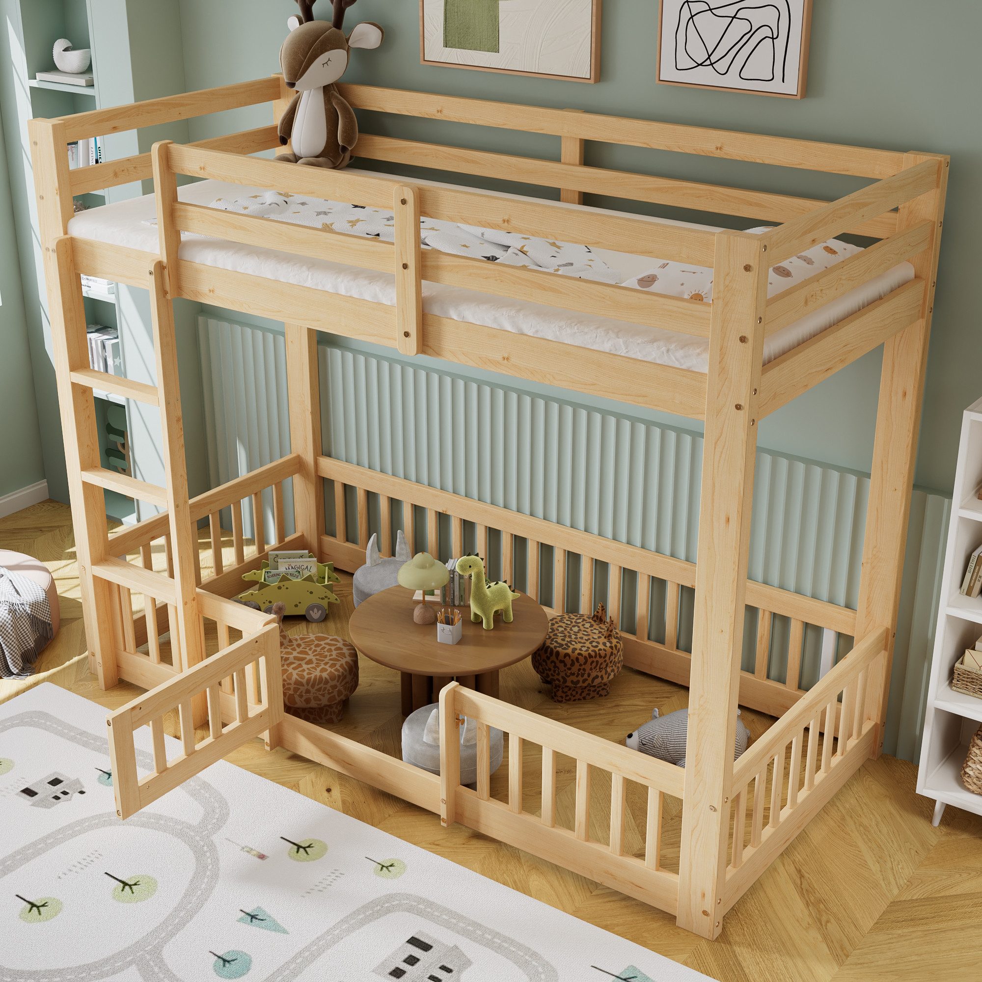 BlingBin Etagenbett Kinderbett Einzelbett Hochbett Massivholzbett mit Treppe (Bettgestell mit Geländer und Tür und Absturzsicherung, Holzbett aus Kiefer + LVL, 1-St., 90*200 cm, Ohne Matratze, Belastbarkeit maximal: 150KG), Freier Gestaltungsraum unter dem Bett, Für Kinderzimmer, Natur