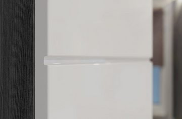 möbelando Waschbeckenunterschrank Sandusky Moderner Waschbeckenunterschrank, Korpus aus Spanplatte in Rauchsilber Nachbildung, Front aus MDF in Weiß-Hochglanz mit 2 Holztüren und 1 Einlegeboden. Breite 60 cm, Höhe 56 cm, Tiefe 34 cm