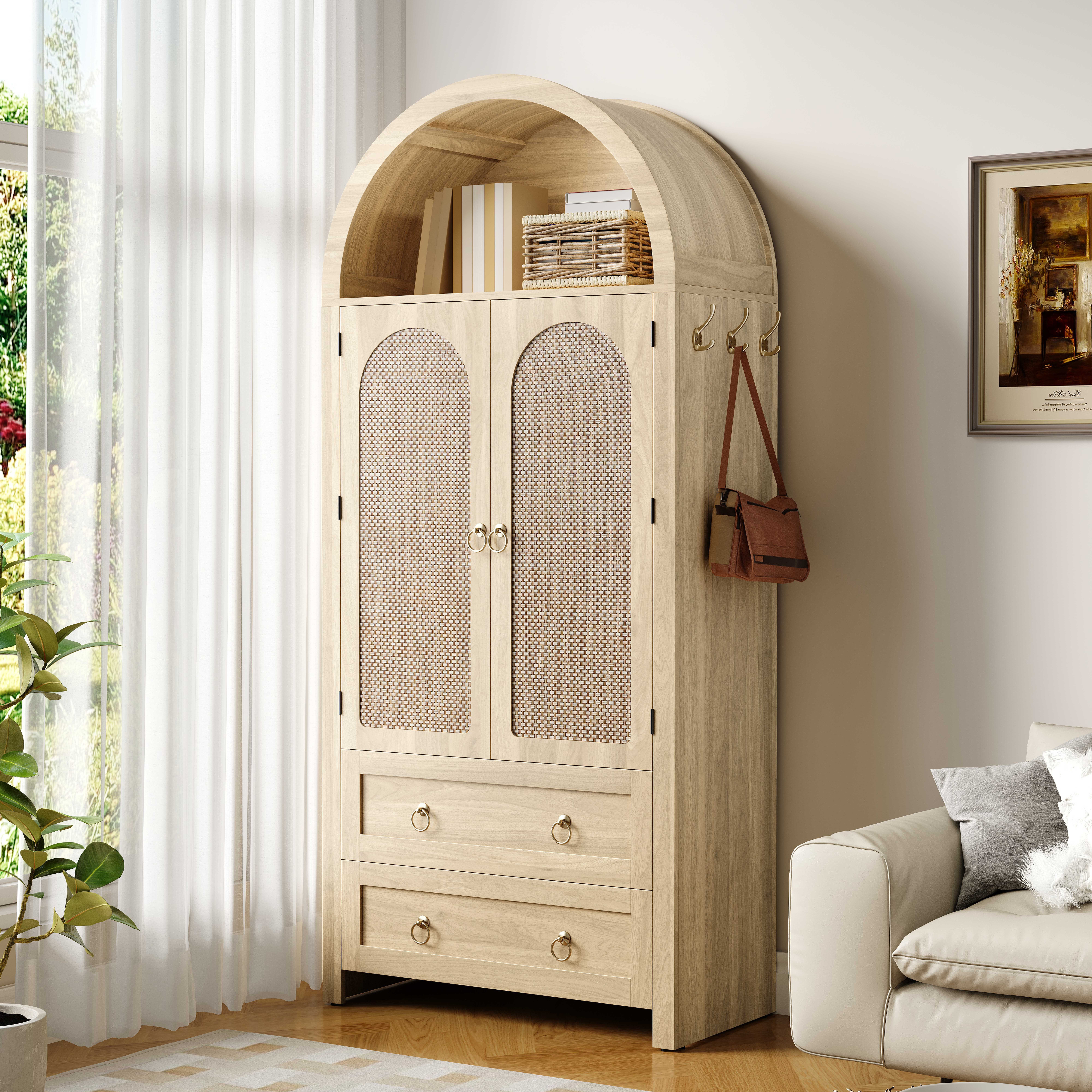 BlingBin Hochschrank Mehrzweckschrank Highboard Sideboard (Aufbewahrungsschrank mit Bogenform, 1-St., mit Rattantüren, offenen Regalen, 2 Schubladen, seitlichen Haken) 80x40x180 cm, Retro Vintage Schrank für Wohn- und Schlafzimmer