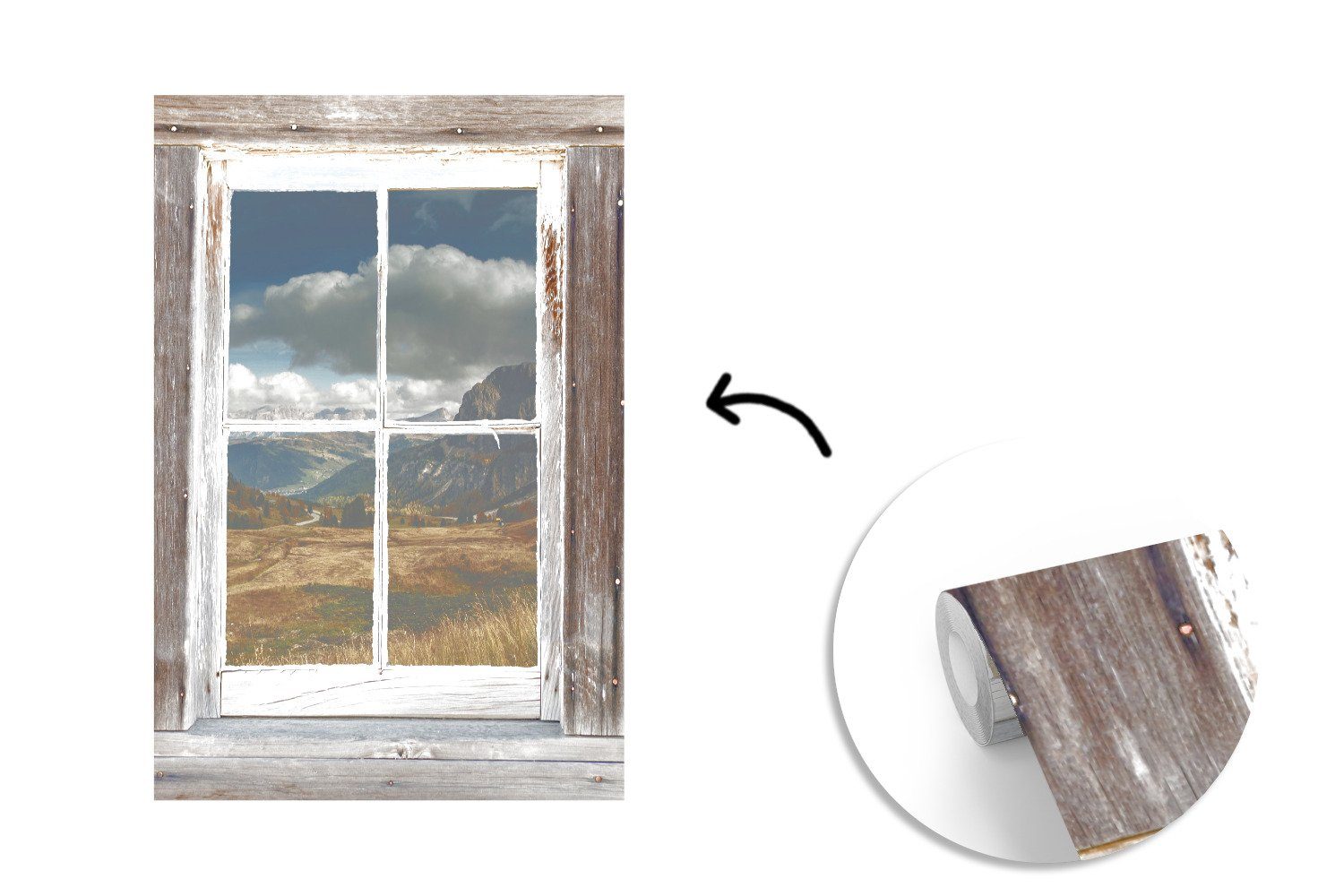 Holz, Wohnzimmer, MuchoWow Matt, Vinyl Montagefertig - Tapete bedruckt, für Fototapete (3 Aussicht Wandtapete - St), Berg