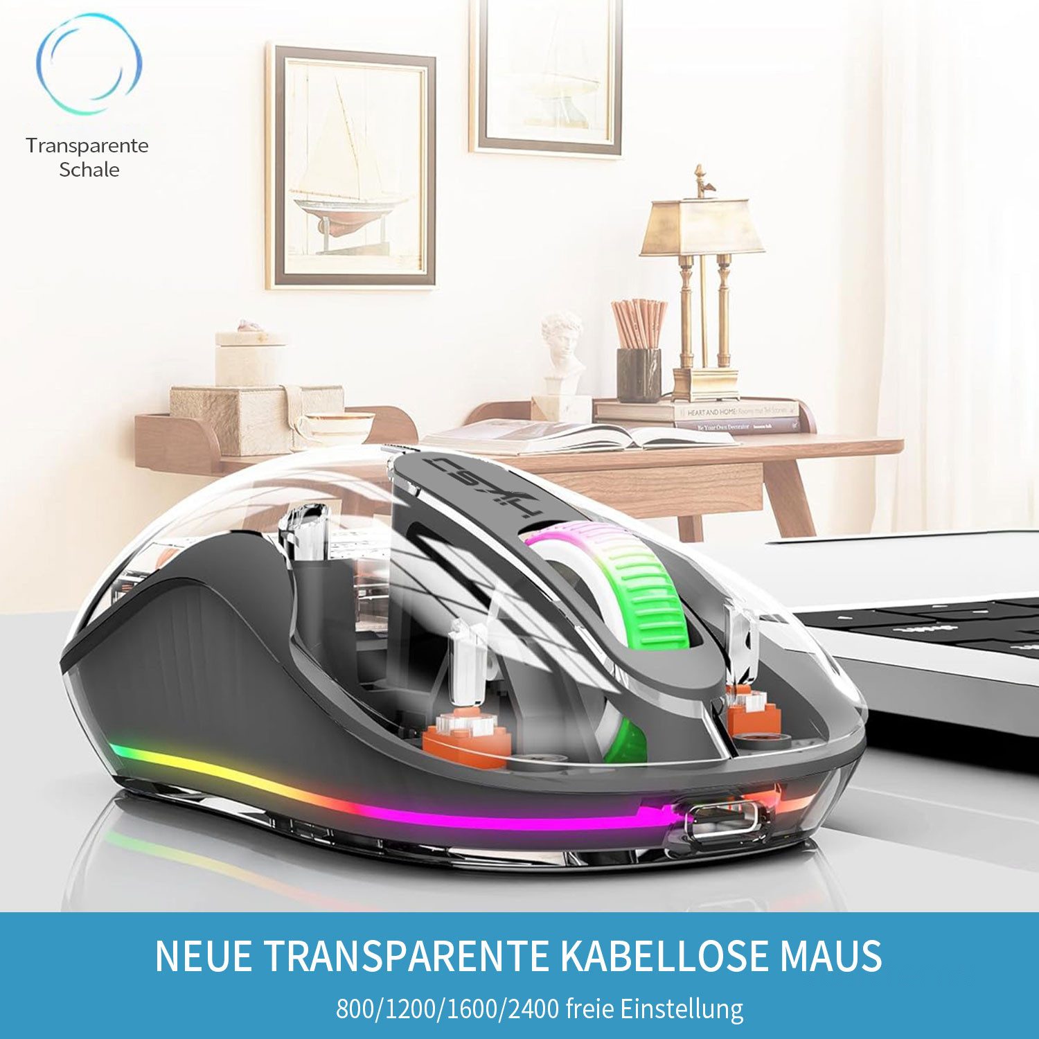 Refttenw Kabellose Maus Bluetooth, 2,4GHz+Bluetooth 5.1, Transparente Maus (2400 dpi, Leise Ultra Slim, Wiederaufladbare, für Laptop/PC/Mac/Tablet)
