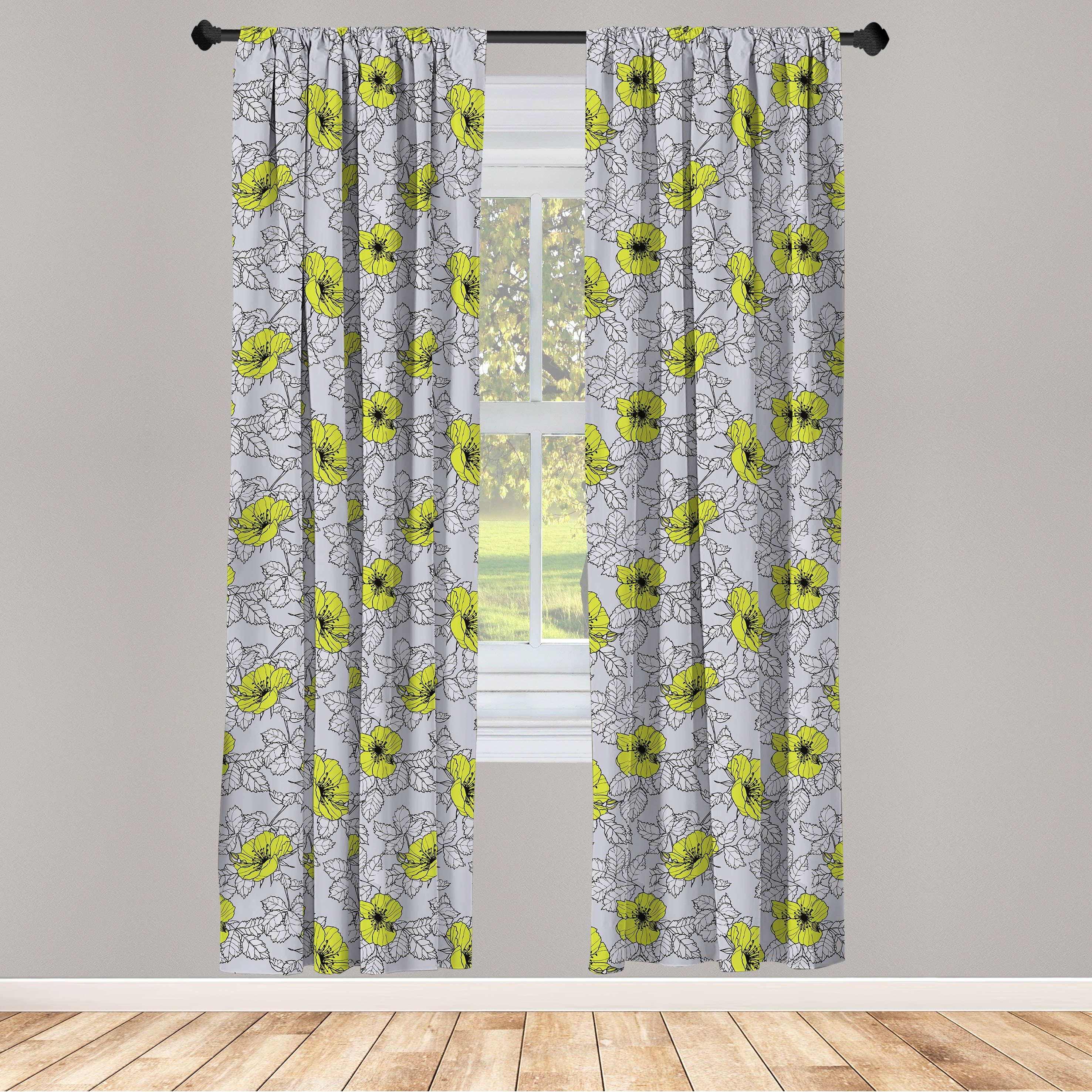 Gardine Vorhang für Wohnzimmer Schlafzimmer Dekor, Abakuhaus, Microfaser, Blumen Mohnblumen und Graustufen-Blätter