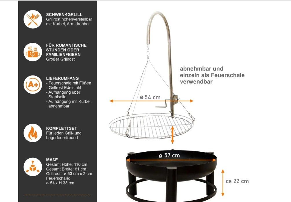 Lemodo Holzkohlegrill Schwenkgrill mit höhenverstellbarem Grillrost