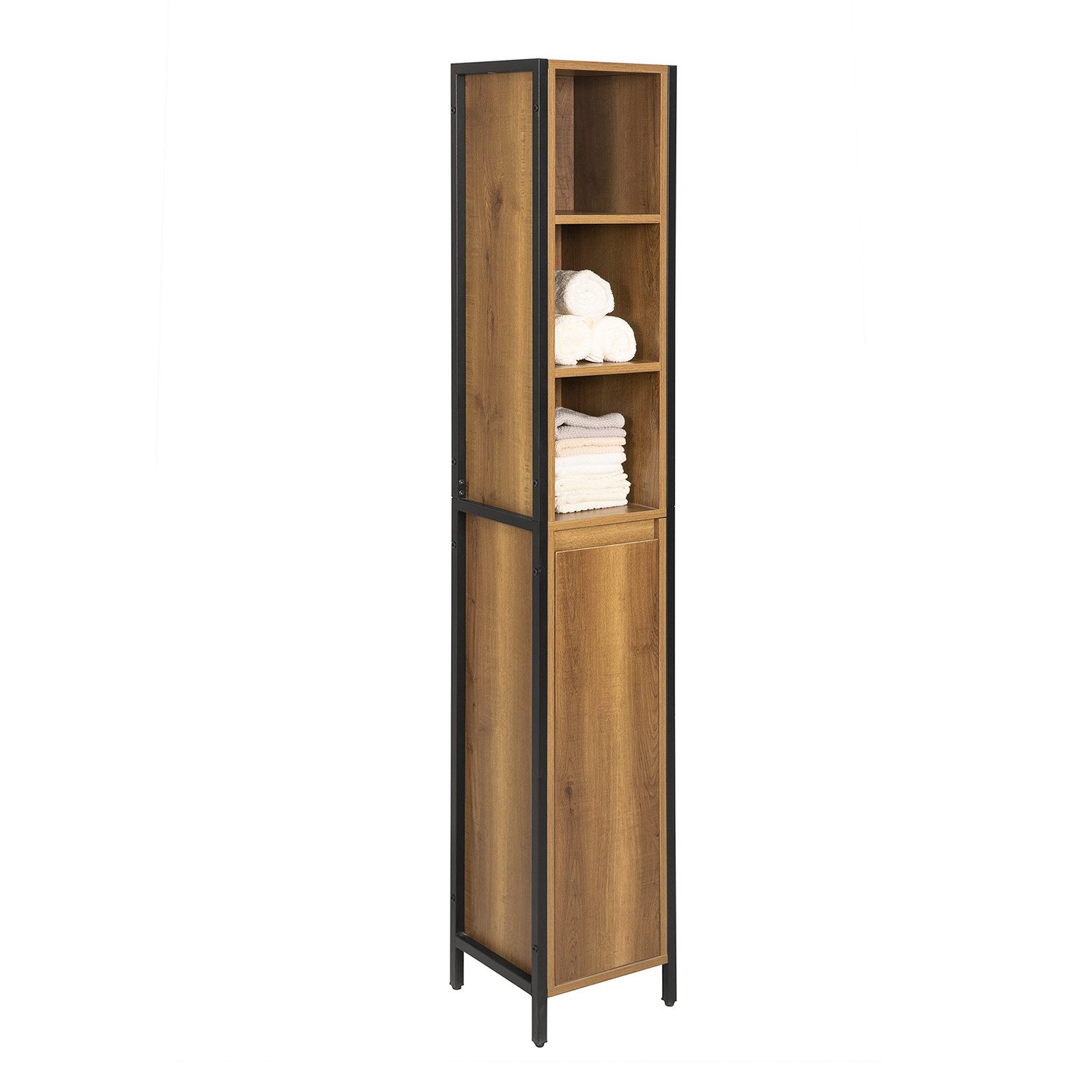 SoBuy Hochschrank BZR62, Badkommode Badezimmerschrank Beistellschrank Badezimmermöbel Badregal Badschrank Badmöbel mit 3 offenem Fächern und 1 Tür