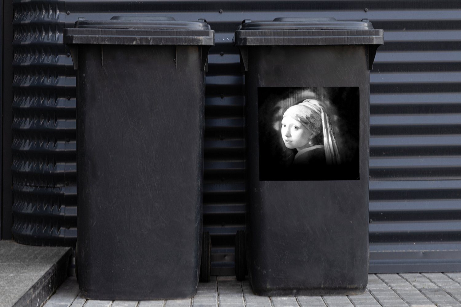 Perlenohrring (1 - Mädchen MuchoWow Abfalbehälter Container, dem Sticker, Vermeer mit und Mülltonne, Wandsticker Johannes Schwarz St), - Mülleimer-aufkleber, Das