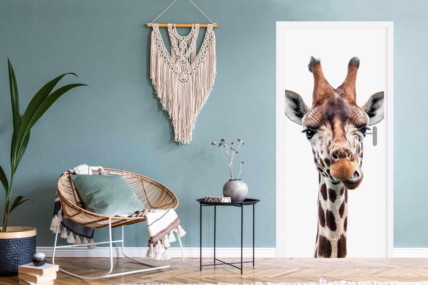 Tür, (1 Kopf - 75x205 St), - MuchoWow - bedruckt, Kind Fototapete Matt, - Jungen - cm Tiere für Mädchen, Porträt - Giraffe Türaufkleber, Türtapete